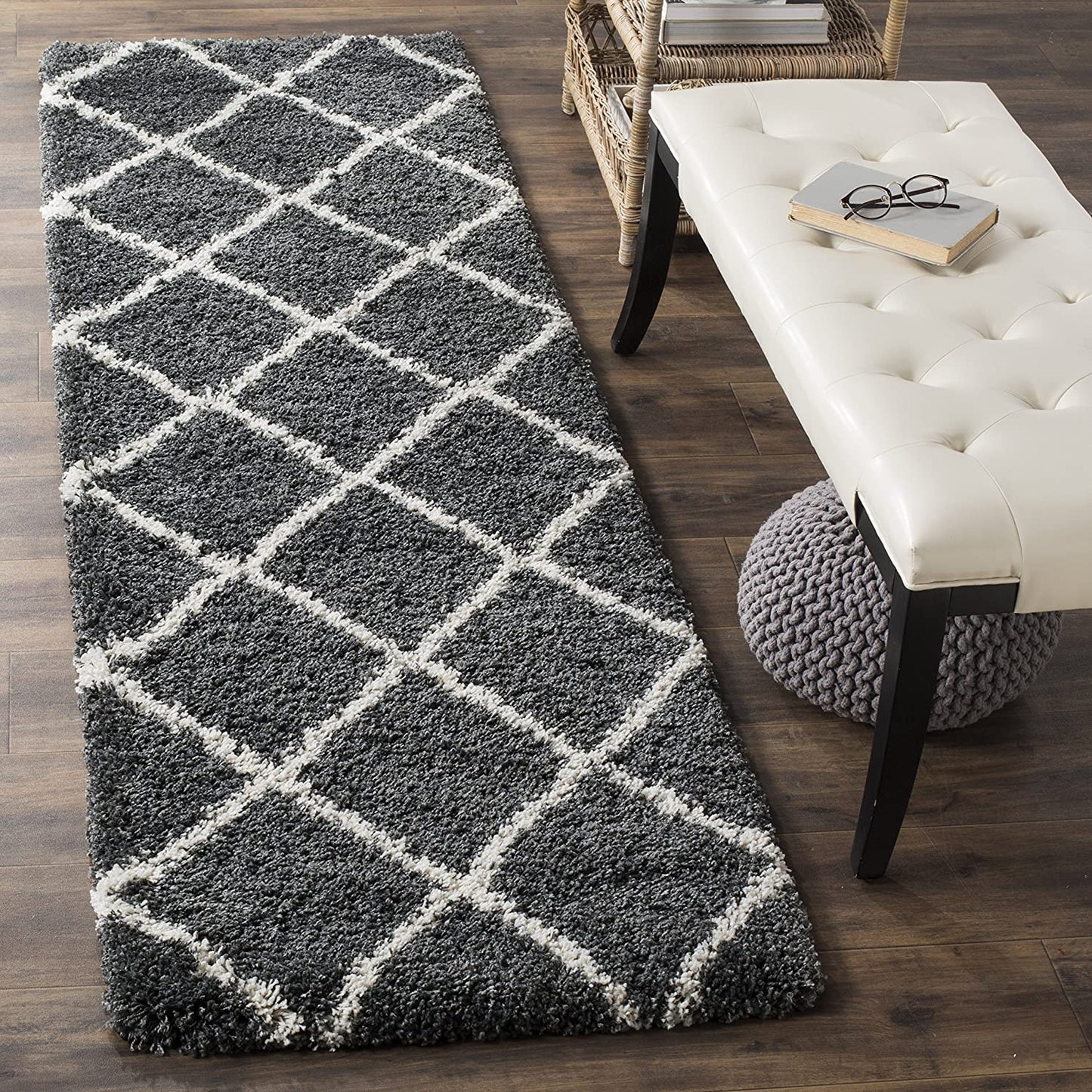 Diamond Trellis Dark Grey/Ivory Soft Plush Shag Area Rug 2-inch Thick