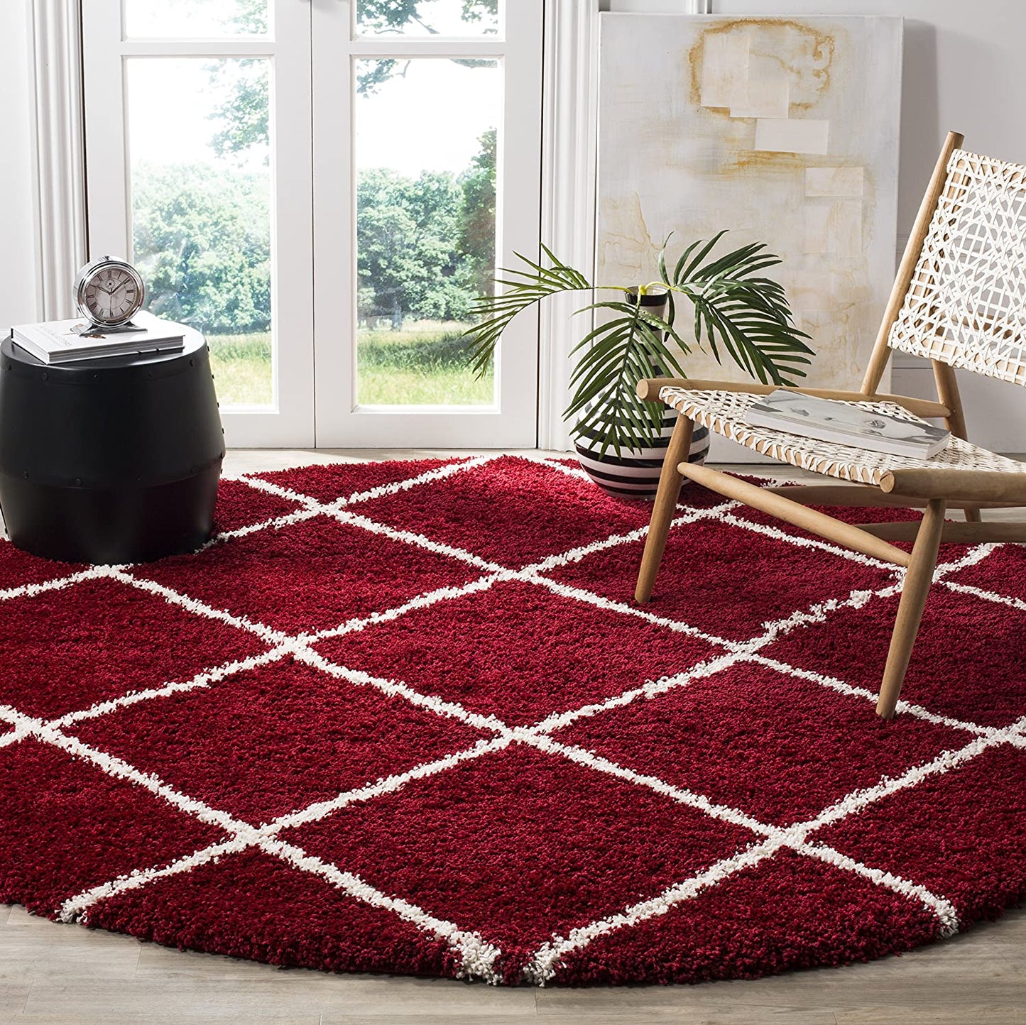 Diamond Trellis Red/Ivory Soft Plush Shag Area Rug 2-inch Thick