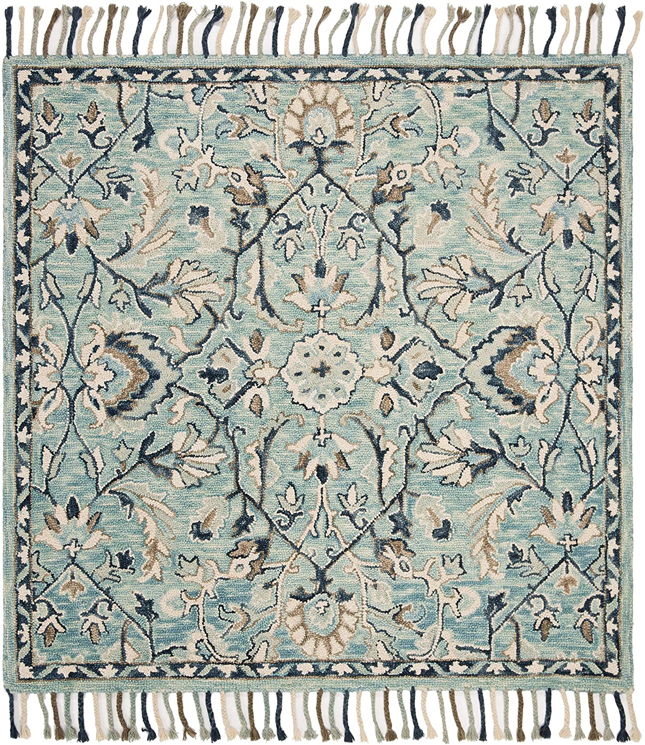 Blossom Collection Handmade Tassel Premium Wool Accent Rug Blue / Ivory