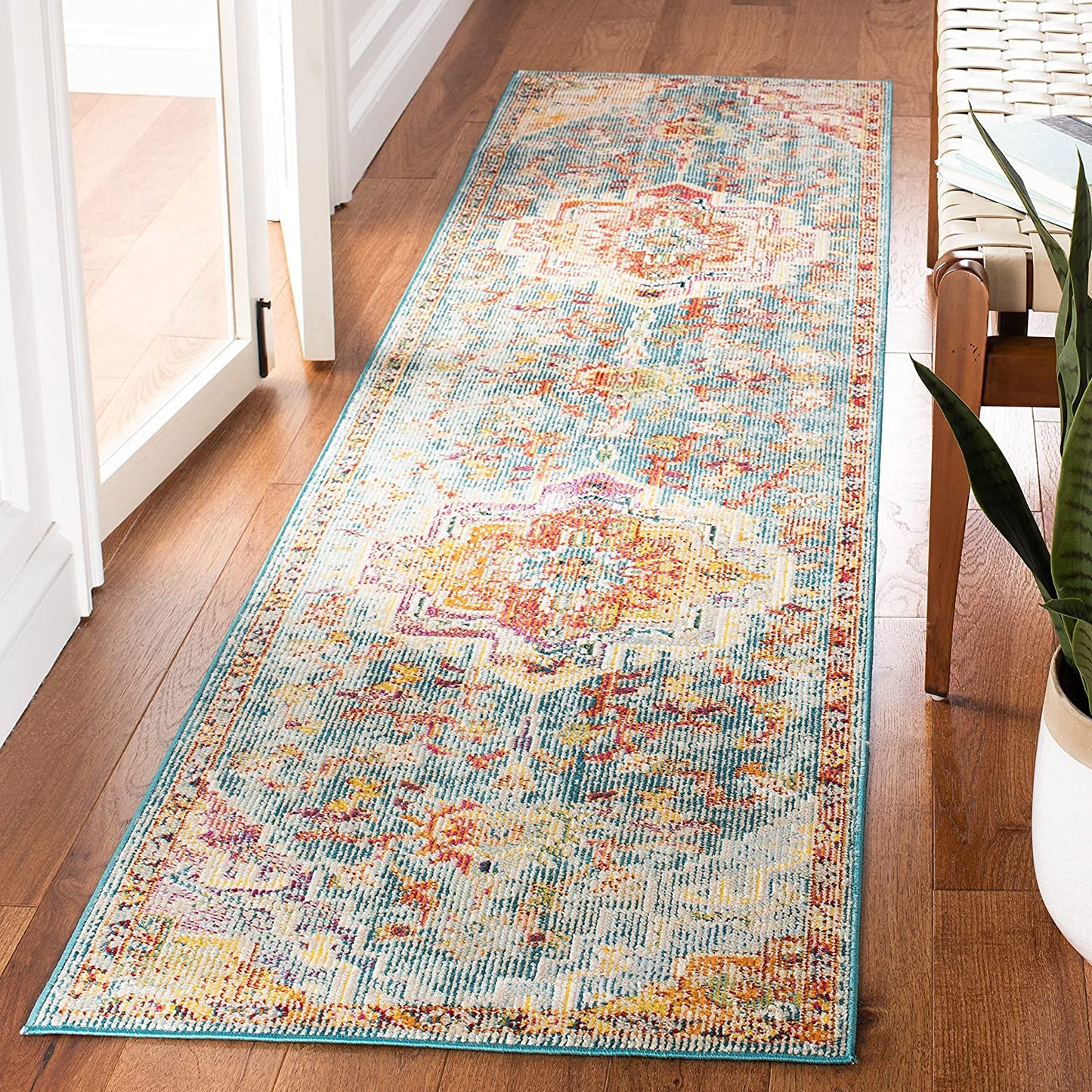 Boho Chic Oriental Medallion Distressed Area Rug, Orange Teal