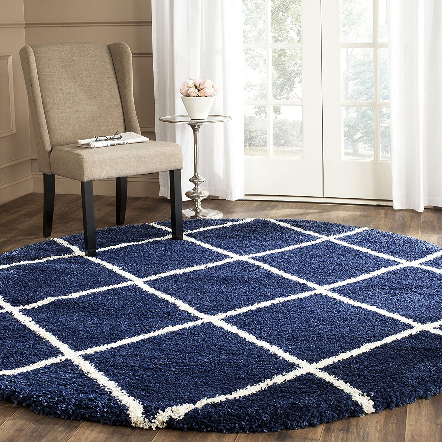 Diamond Trellis Navy/Ivory Soft Plush Shag Area Rug 2-inch Thick