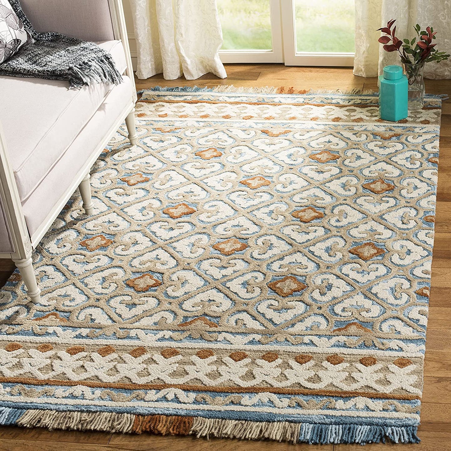 Blossom Collection BLM420A Handmade Fringe Premium Wool Area Rug, Light Beige / Blue