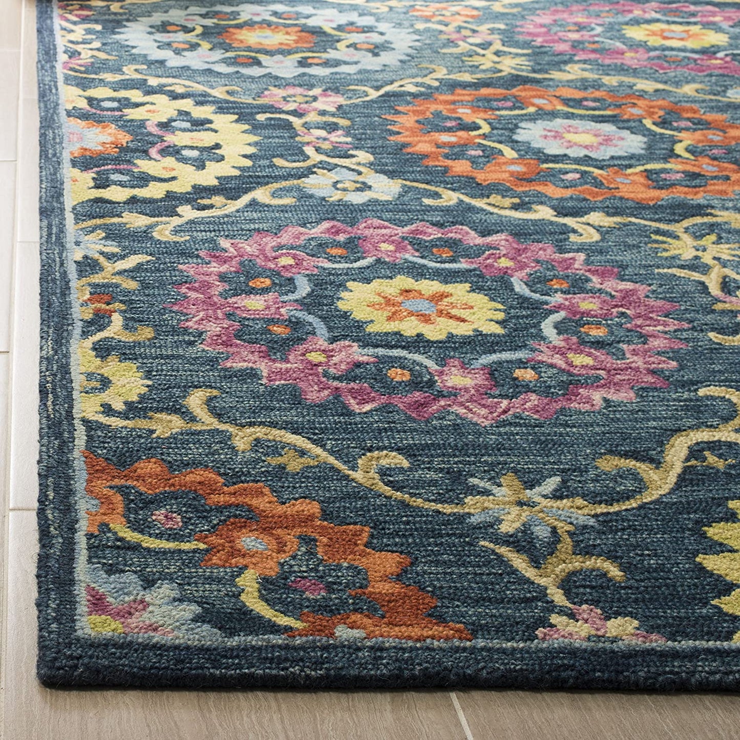 Hand-Hooked Boho Premium Wool Soft Area Rug Blue / Multi