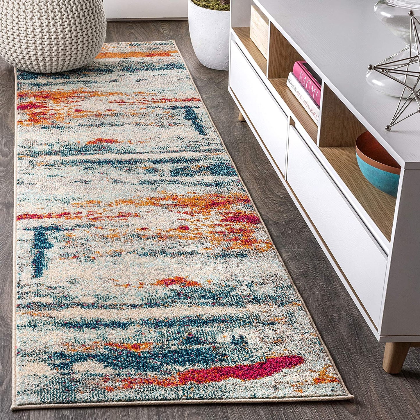 Contemporary Modern Abstract Brushstroke Cream/Blue Rug