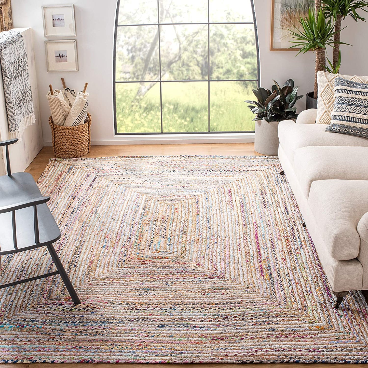Handmade Boho Braided Jute Cotton Area Rug, Beige / Multi