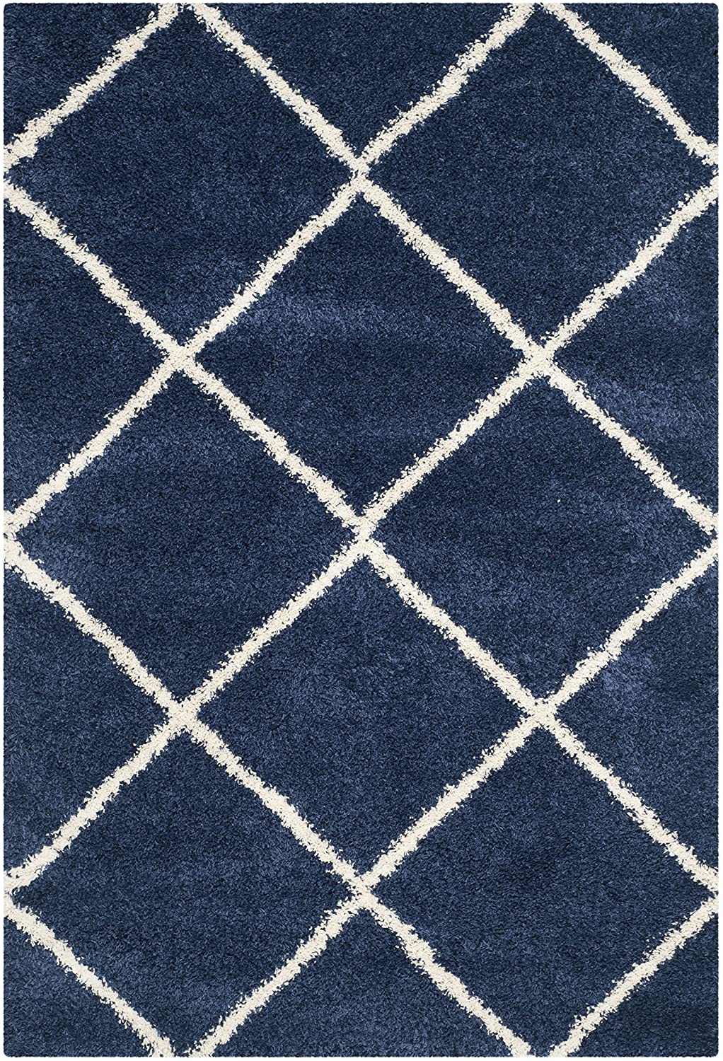 Diamond Trellis Navy/Ivory Soft Plush Shag Area Rug 2-inch Thick
