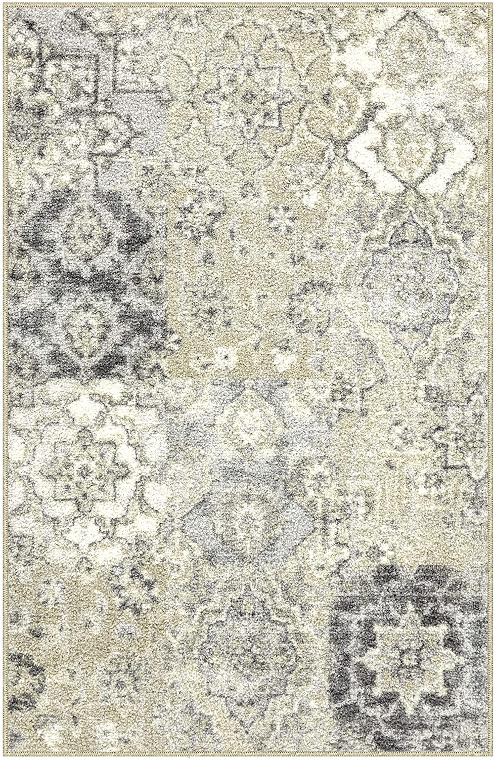 Maples Rugs Vintage Patchwork Distressed Non Skid Washable Throw Rugs Grey