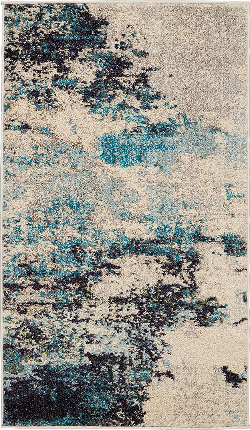 Modern Abstract Area Rug,  Ivory/Teal Blue