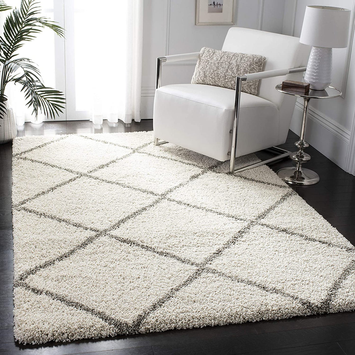 Diamond Trellis Ivory/Grey Soft Plush Area Rug 2-inch Thick