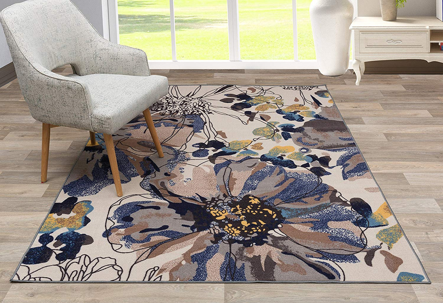 Floral Cream Multicolor Area Rug Non-Slip Non Skid