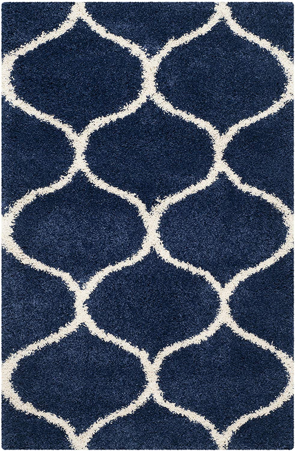 Moroccan Pattern Navy Ivory Plush Shag Area Rug