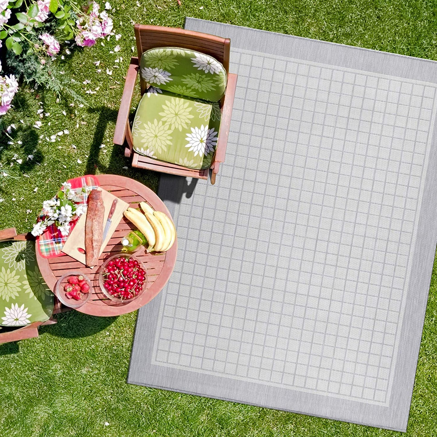 Modern Area Rugs for Indoor Outdoor Bordered Squares Grey/ White