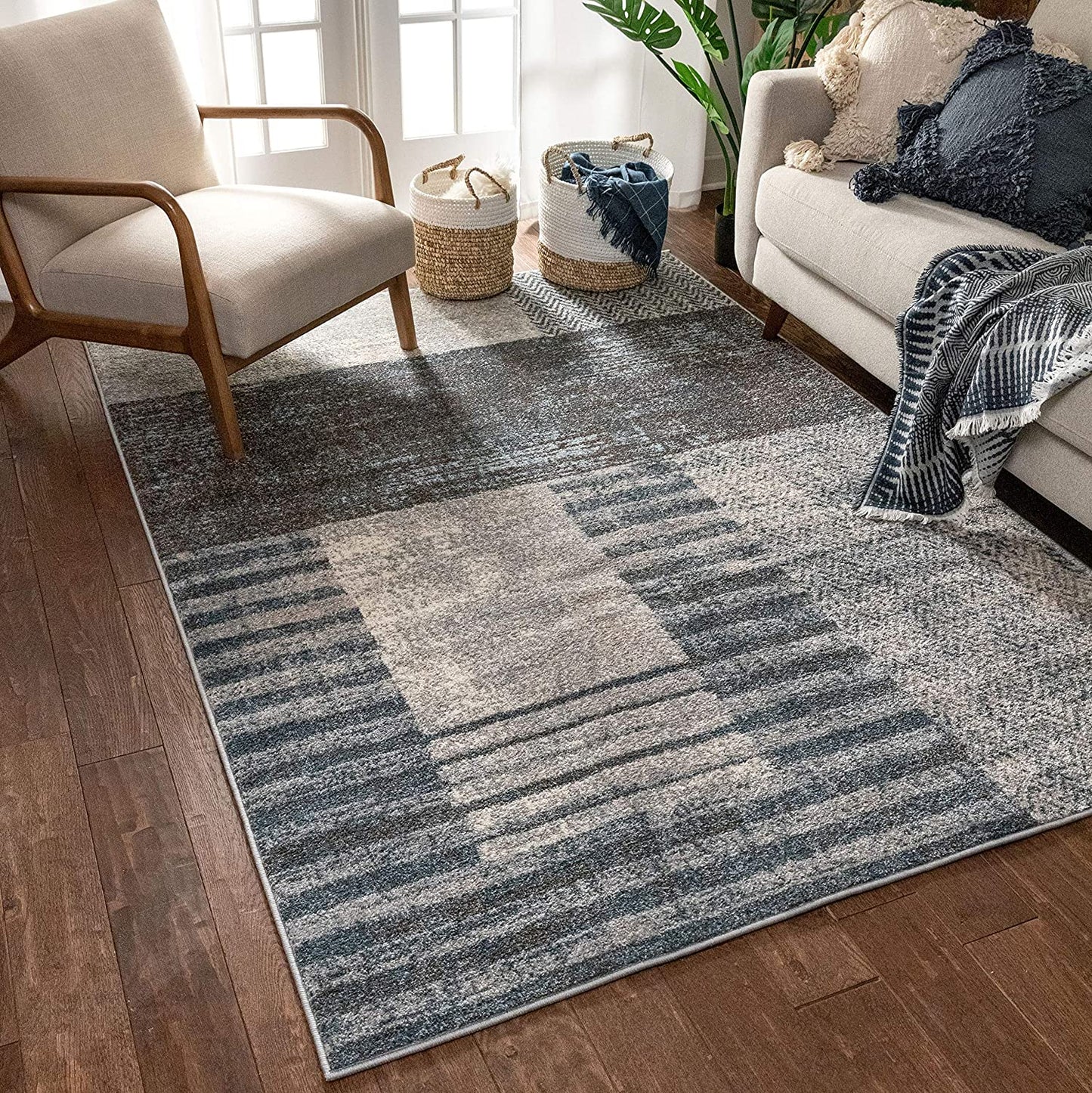 Loket Grey Modern Geometric Boxes & Stripes Pattern Area Rug