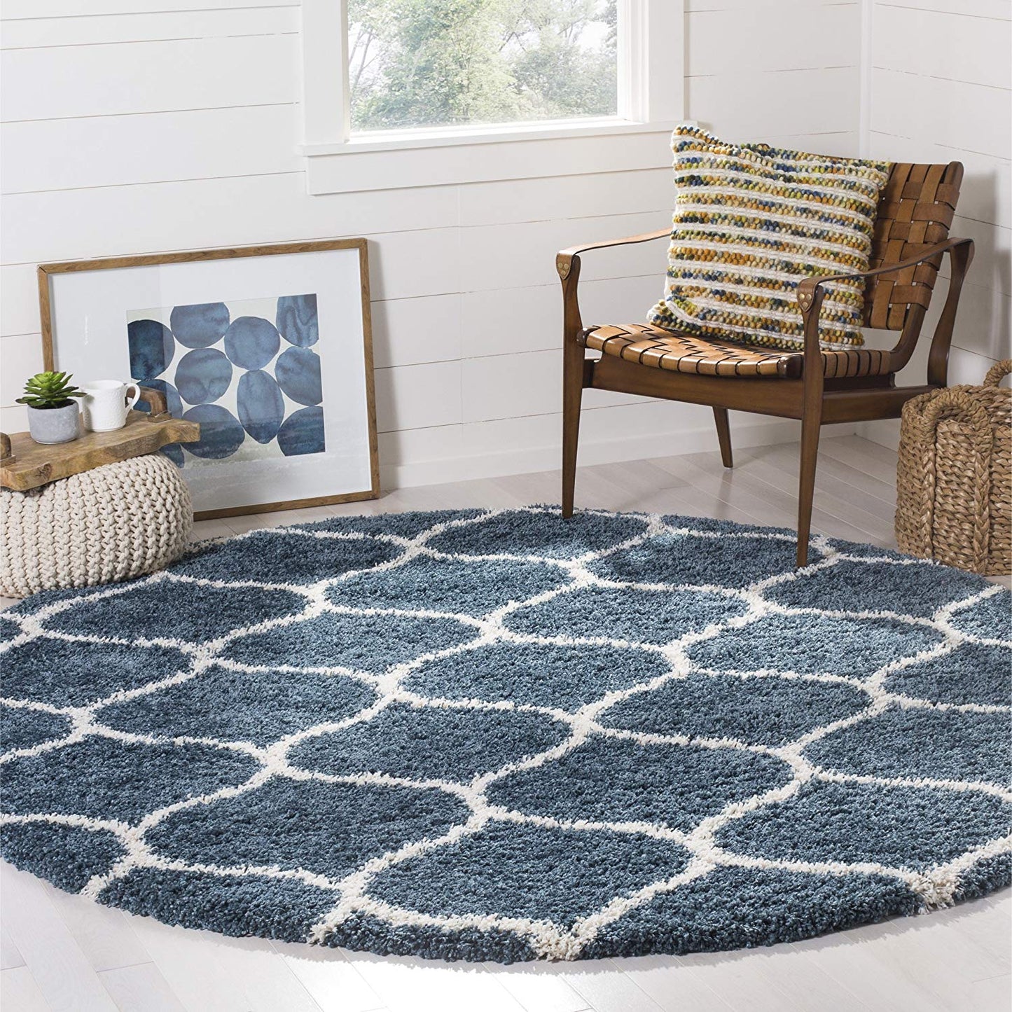Moroccan Pattern Slate Blue Ivory Plush Shag Area Rug