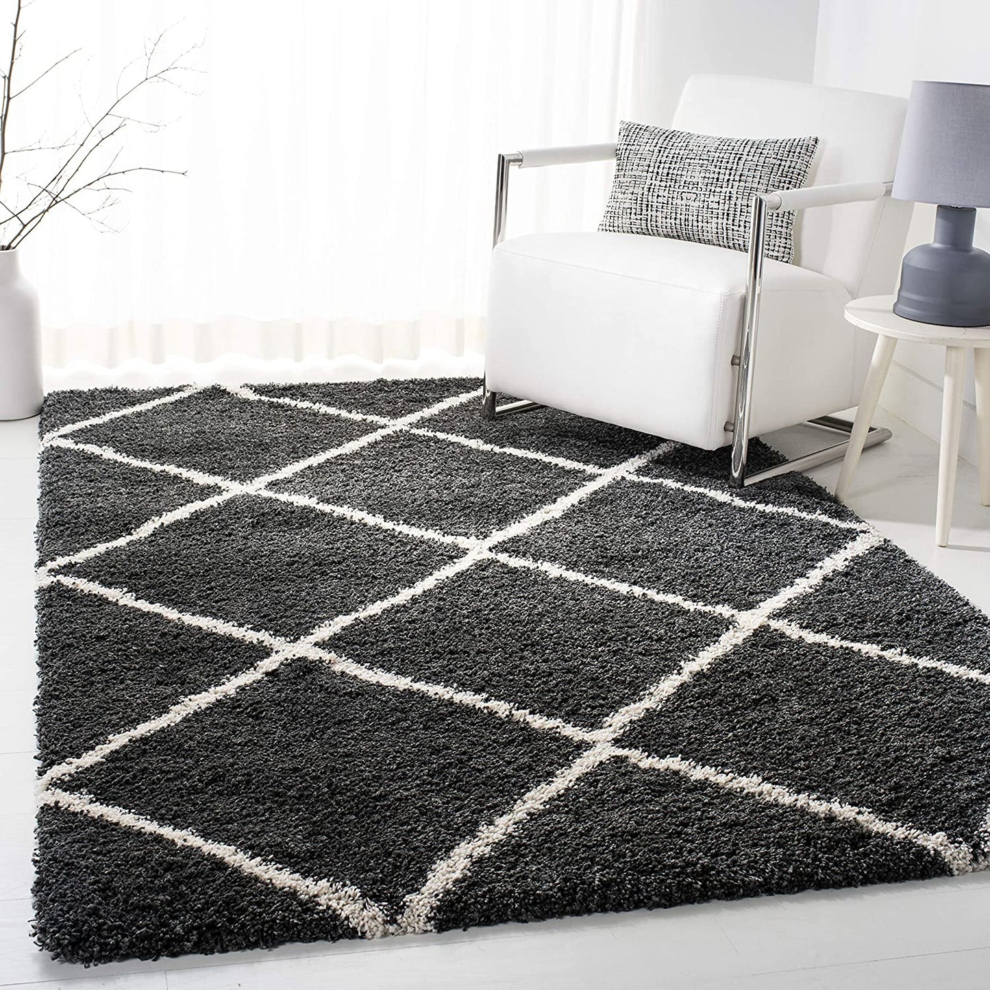 Diamond Trellis Dark Grey/Ivory Soft Plush Shag Area Rug 2-inch Thick