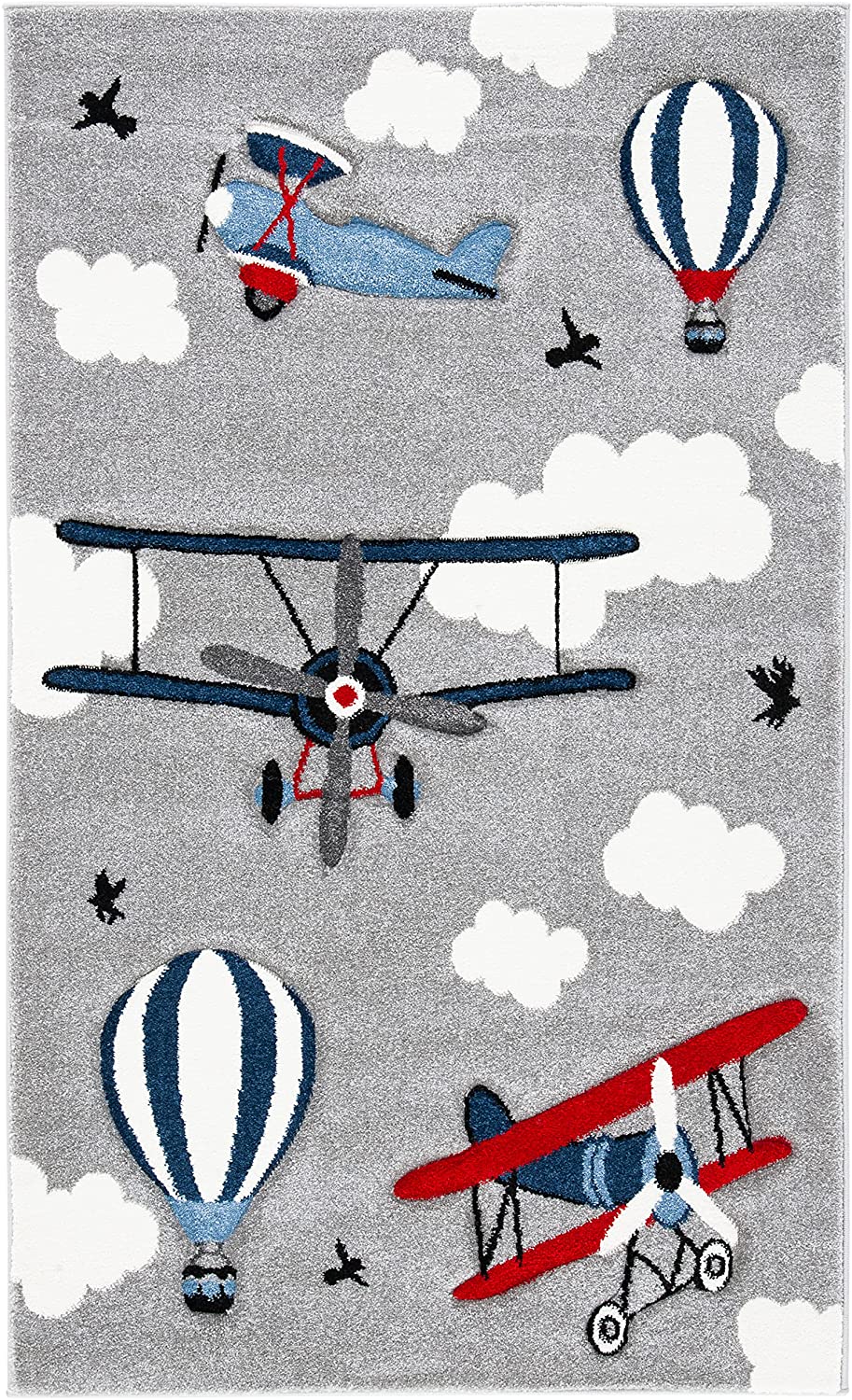Carousel Kids Collection Airplane Hot Air Balloon Non-Shedding Area Rug Light Grey/Red
