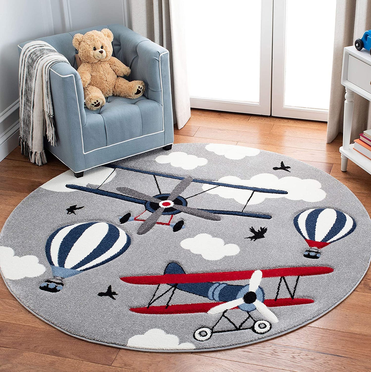 Carousel Kids Collection Airplane Hot Air Balloon Non-Shedding Area Rug Light Grey/Red