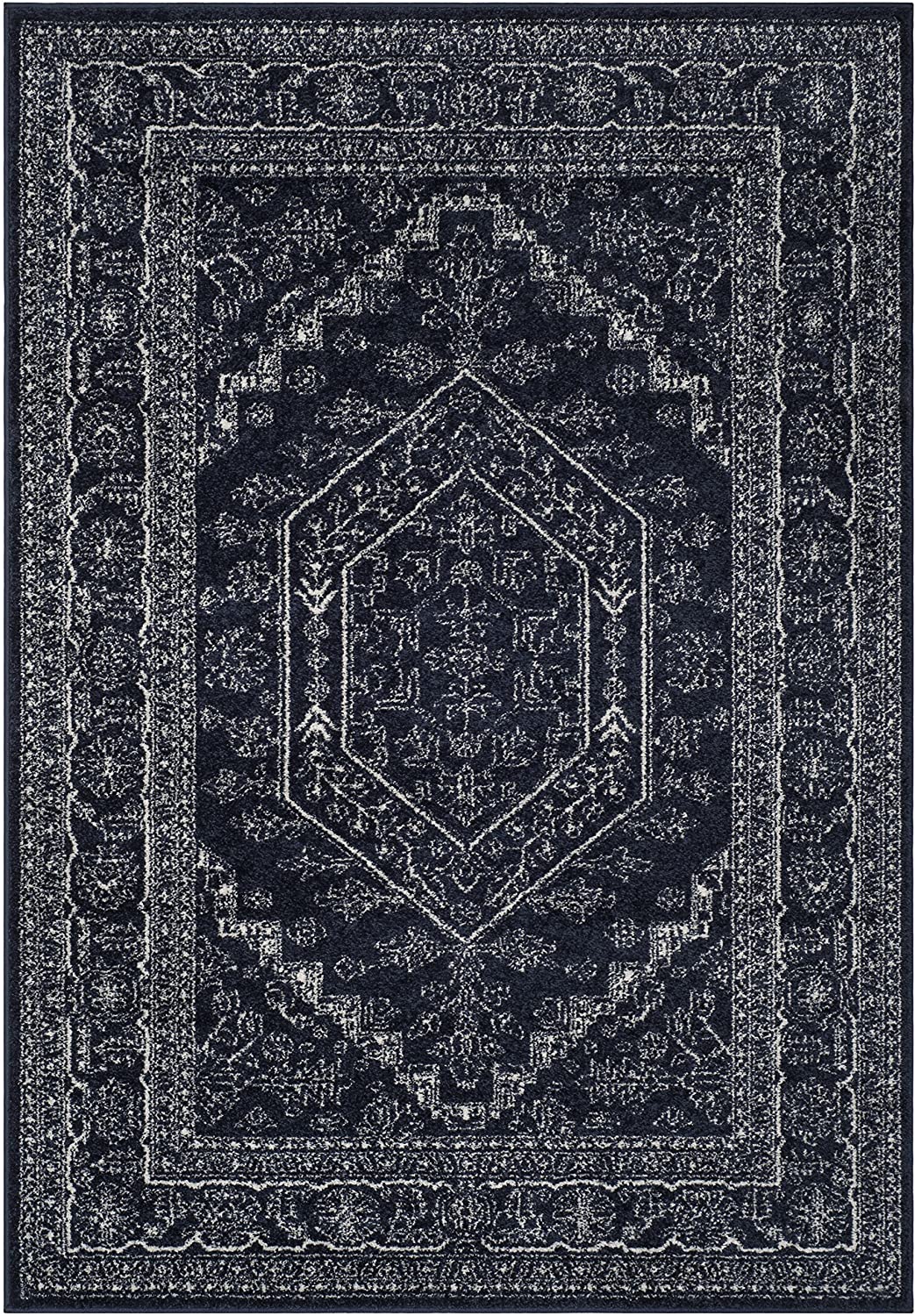 Oriental Vintage Distressed Medallion Navy/Ivory Soft Area Rug