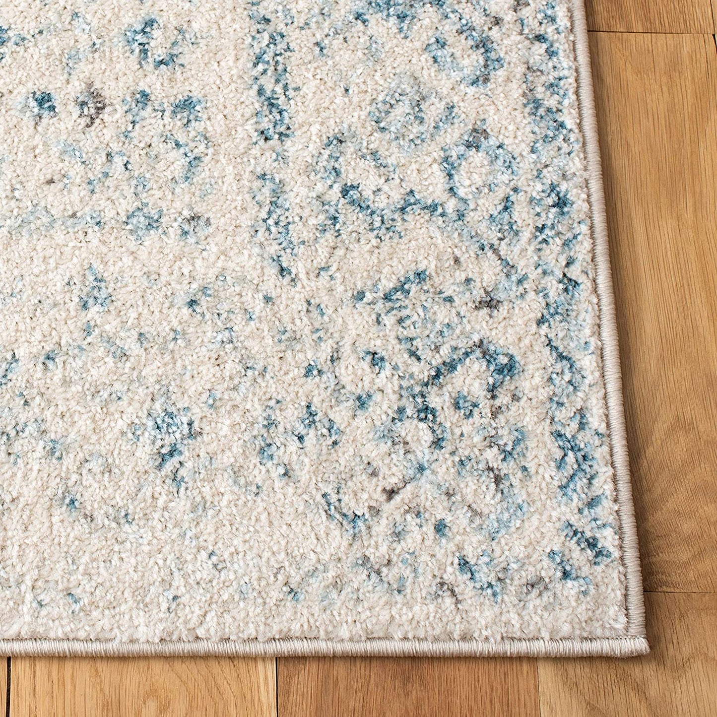 Moroccan Boho Distressed Area Rug, Ivory / Turquoise