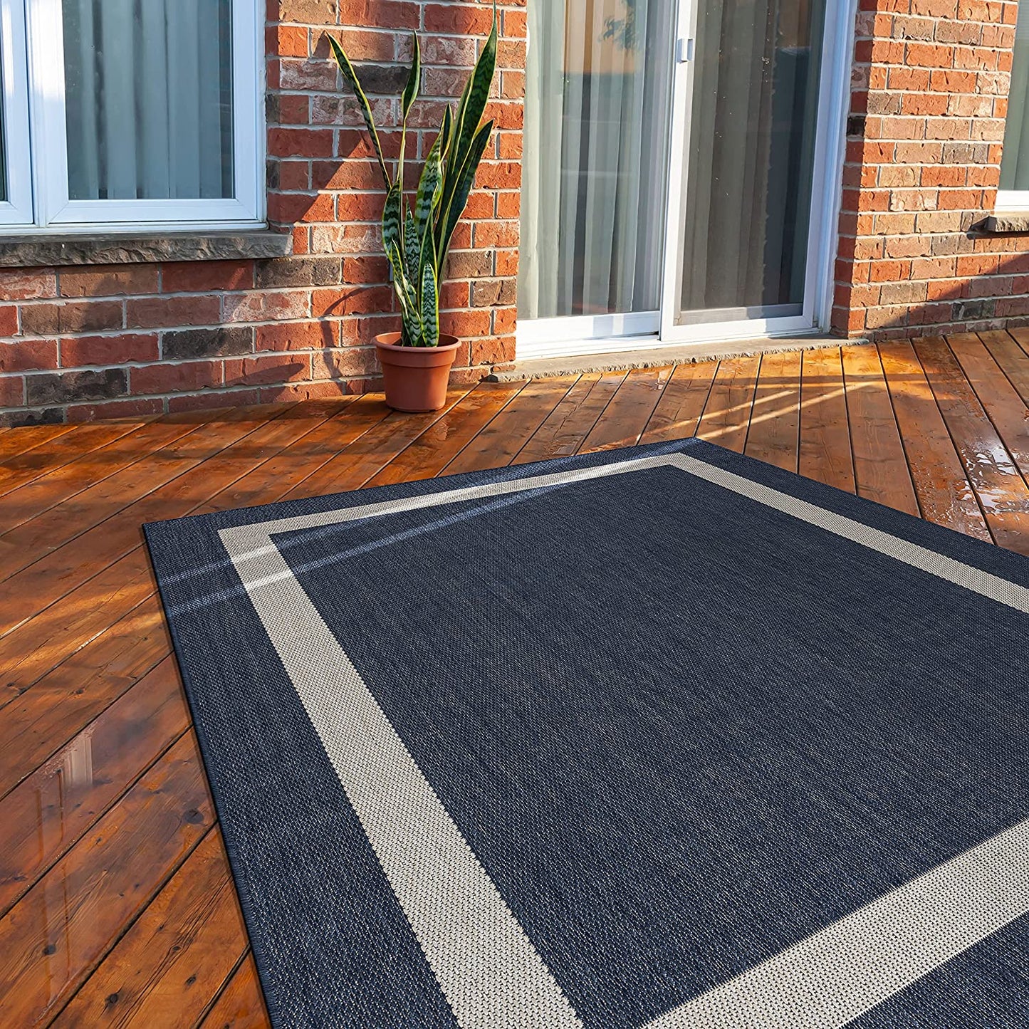 Modern Area Rugs for Indoor/ Outdoor Bordered - Blue / White