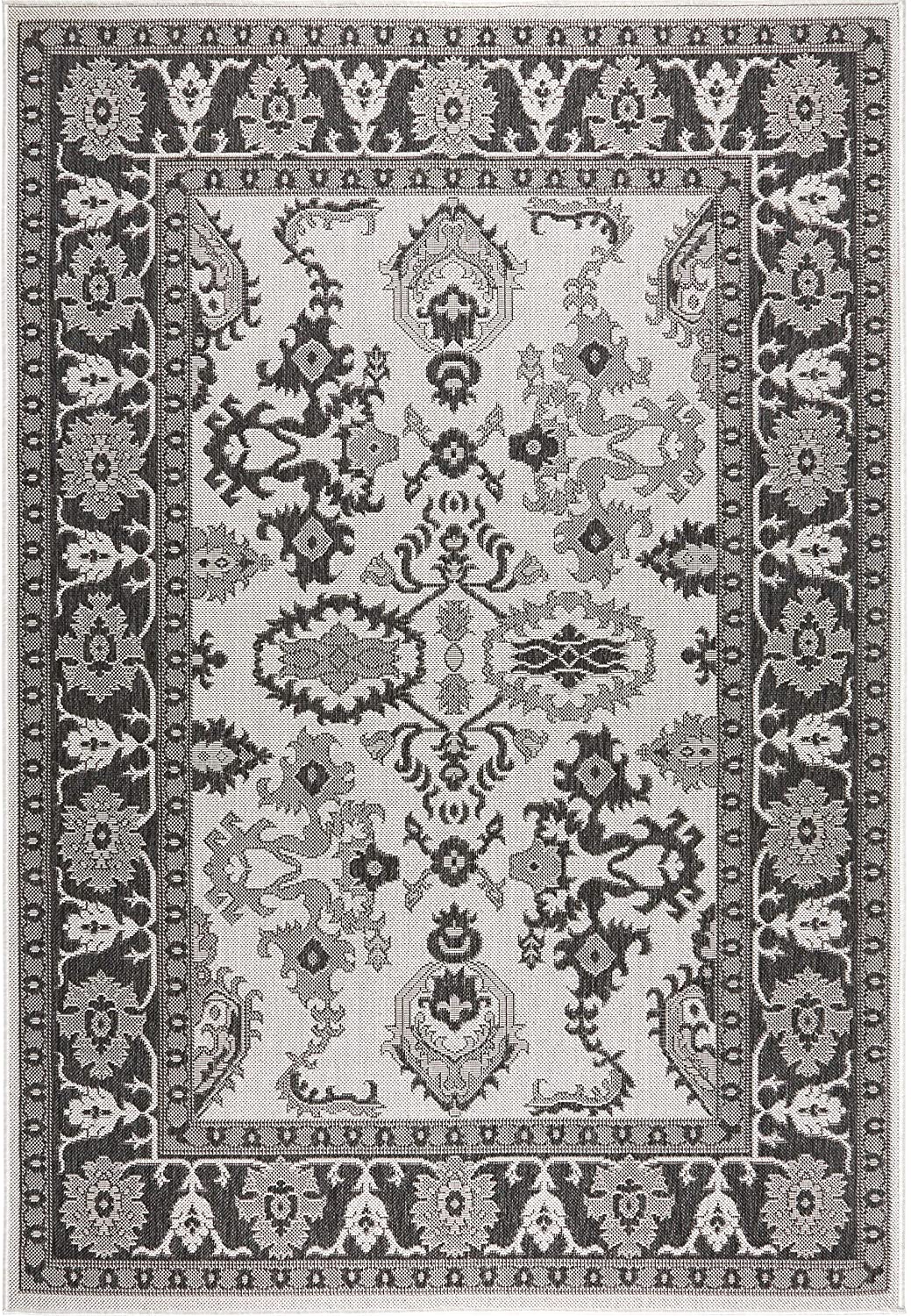 Floral Black Grey Indoor/Outdoor Area Rug - UV/Weather Resistant