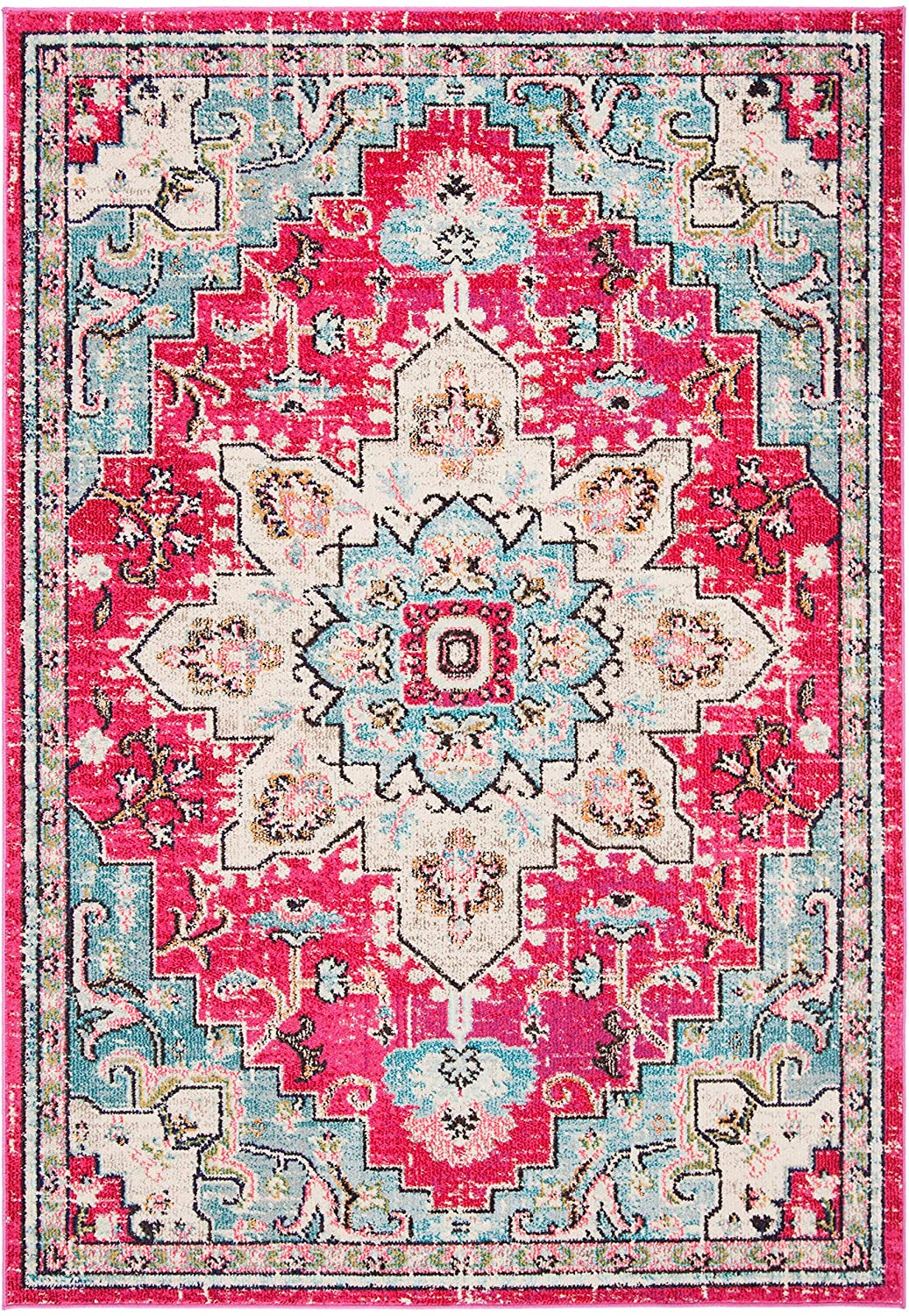 Boho Chic Medallion Distressed Soft Area Rug, Fuchsia / Blue