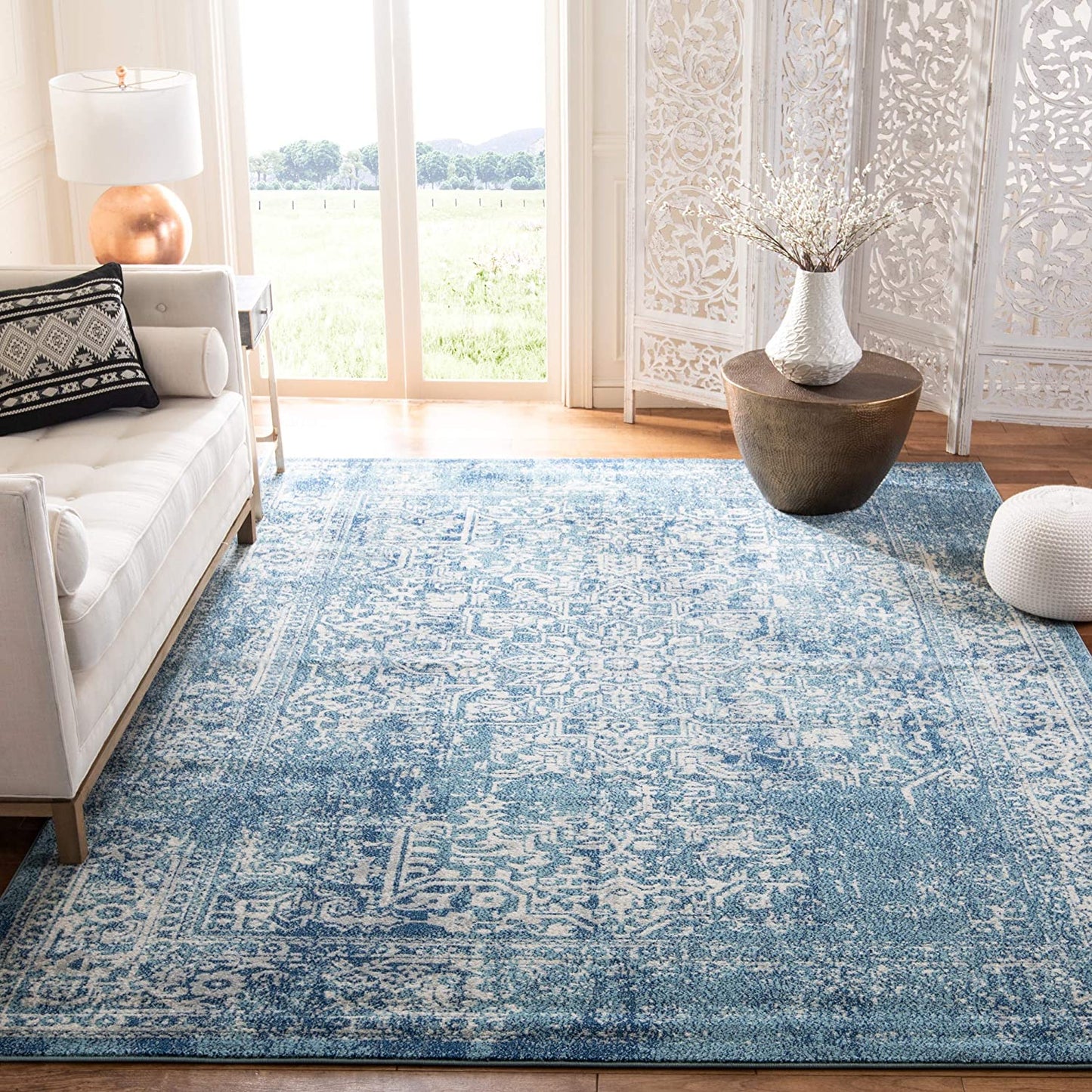 Vintage Oriental Blue and Ivory Soft Area Rug