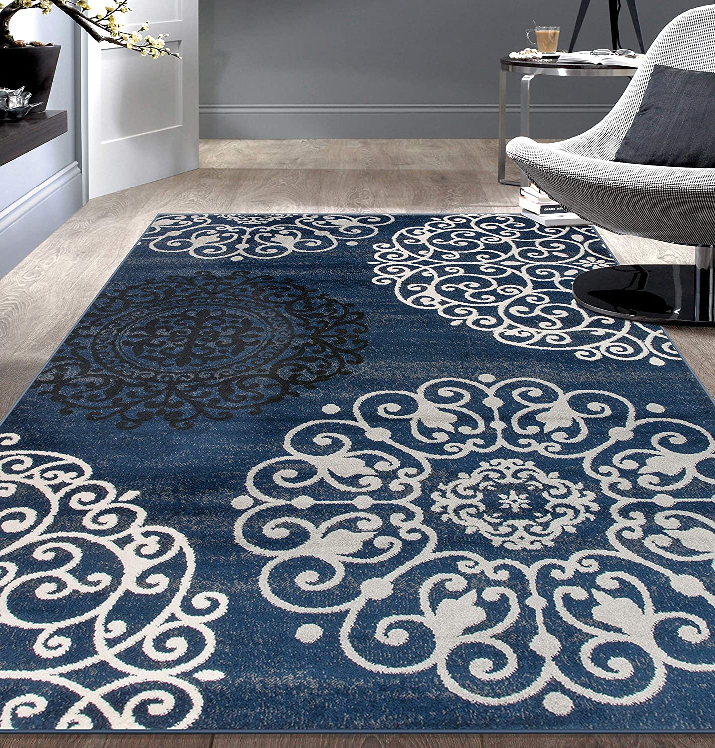 Contemporary Modern Floral Area Rug Black