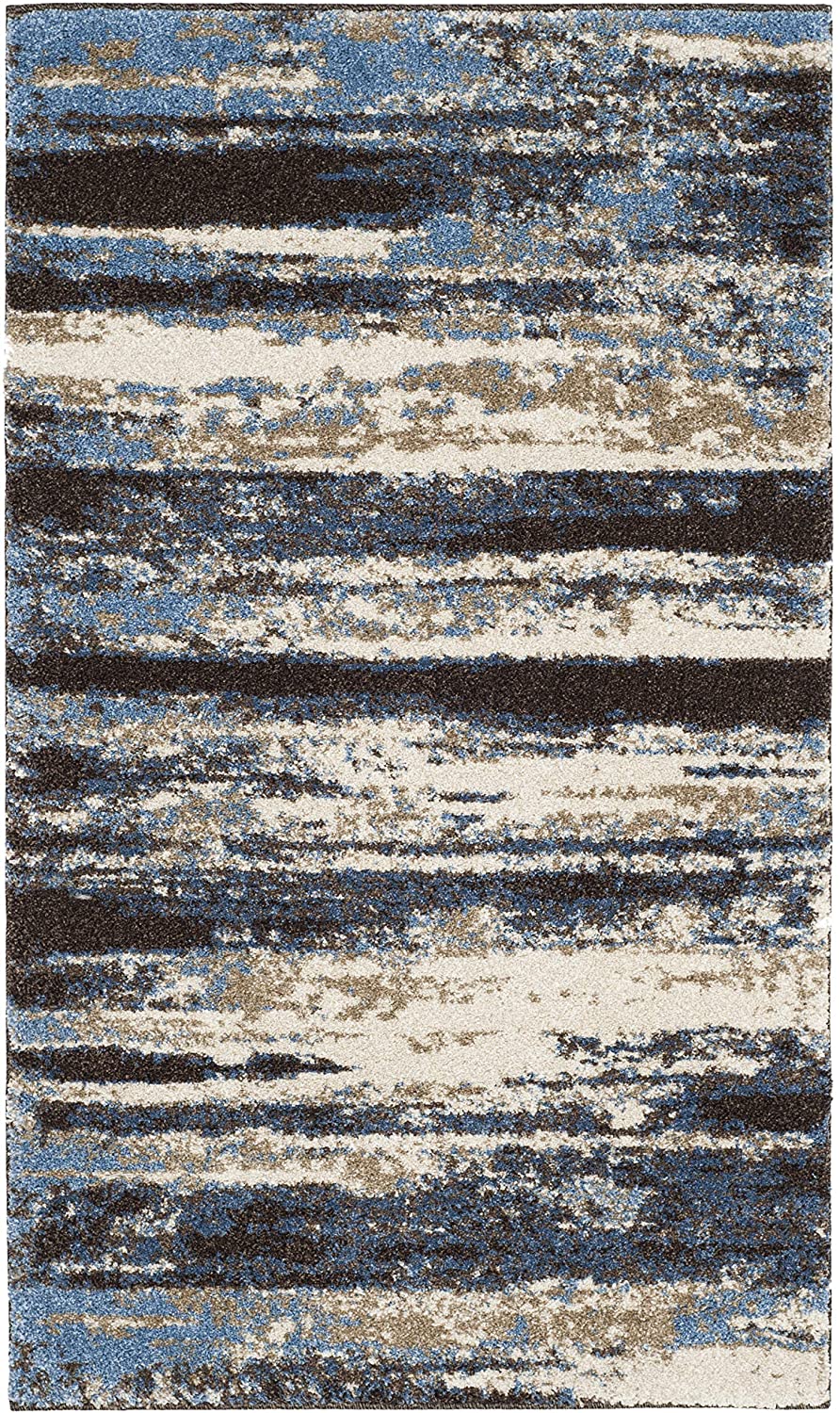Cream and Blue Modern Abstract Area Rug
