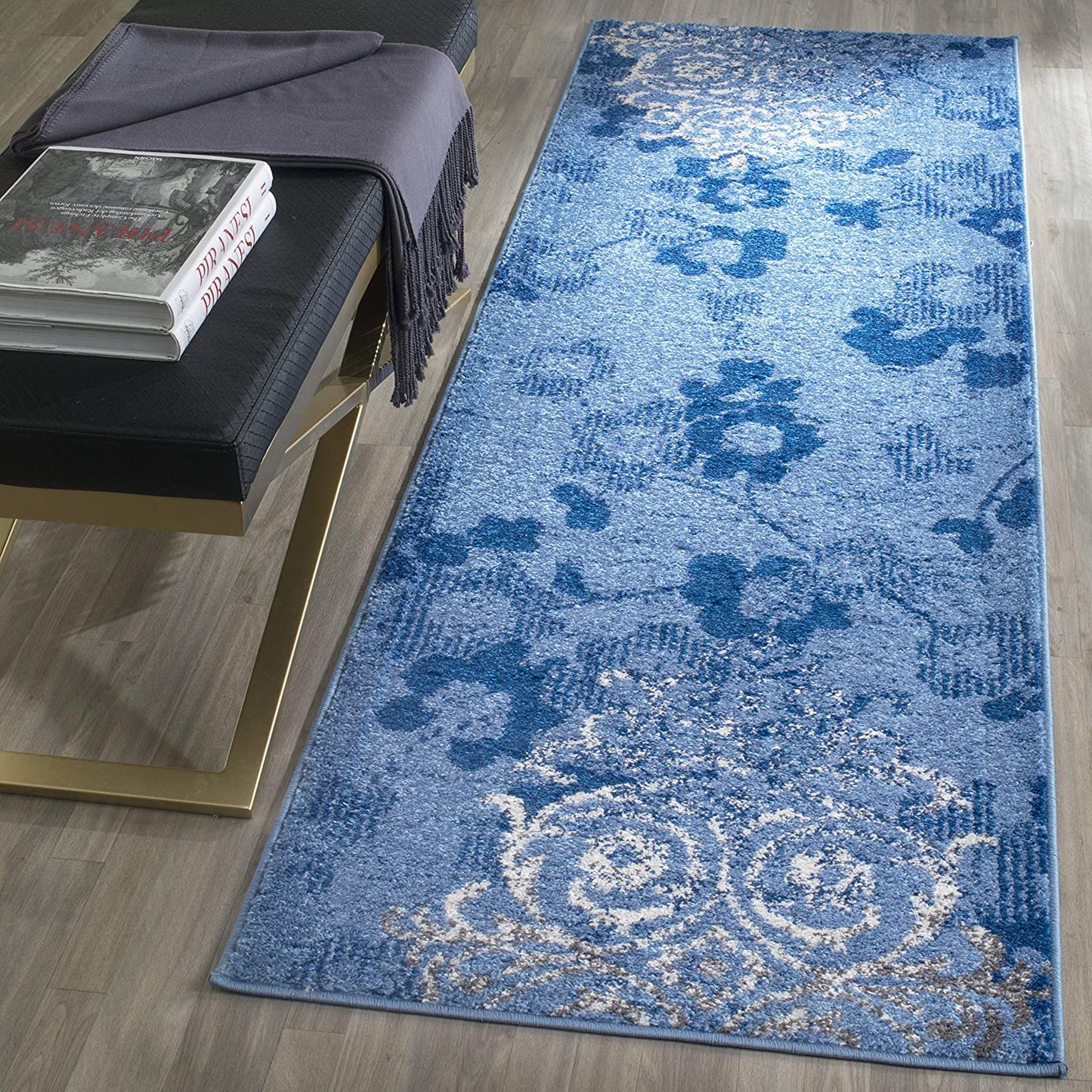 Light Blue and Dark Blue Contemporary Chic Damask Soft Area Rug