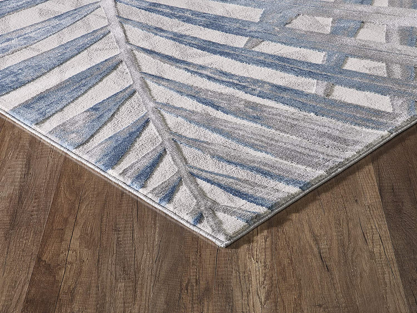 Blue Grey & Beige Floral Palm Leaf Pattern Modern Eclectic Rug