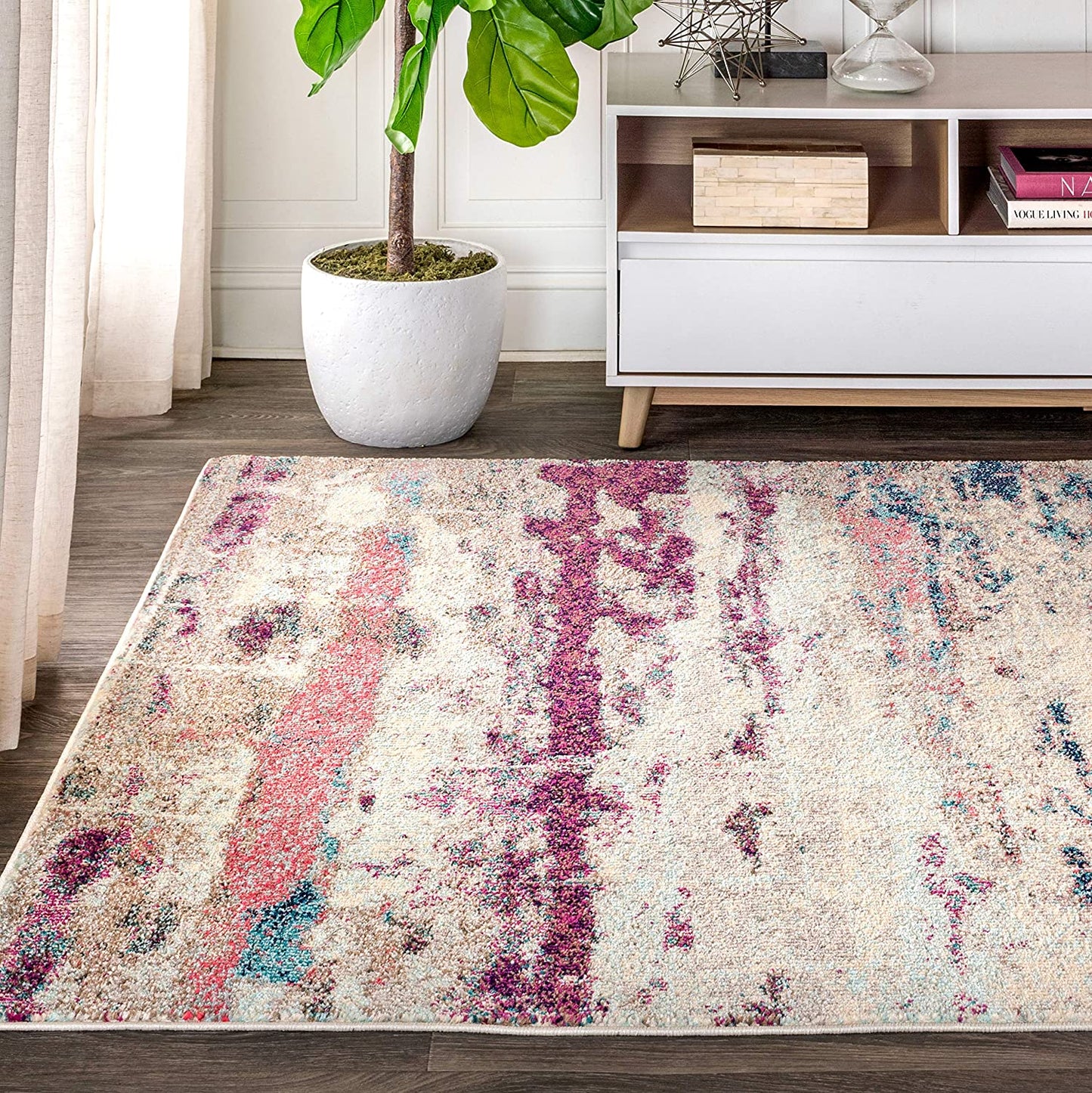 Contemporary Modern Abstract Brushstroke Cream/Pink Rug