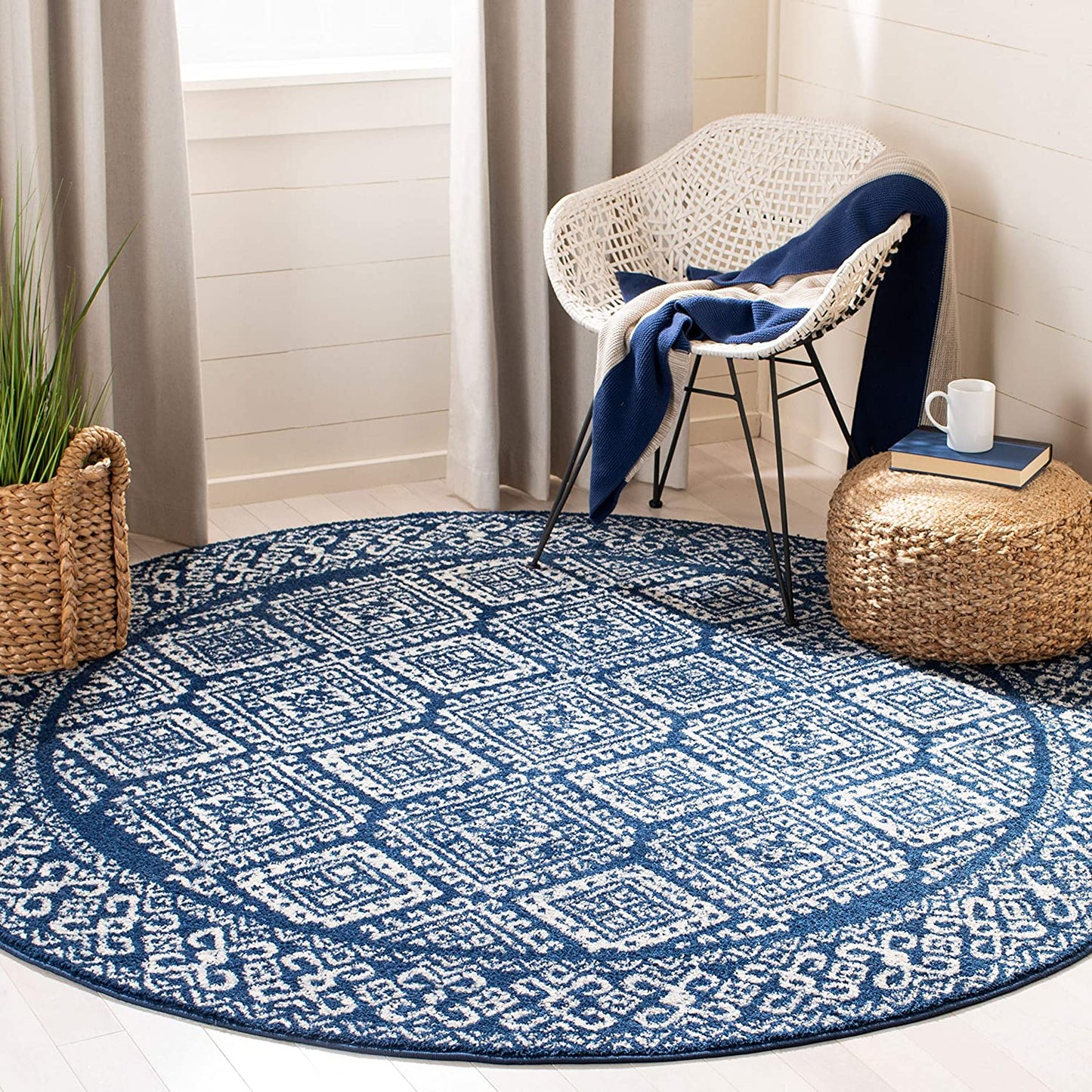 Moroccan Boho Distressed Area Rug Navy / Ivory