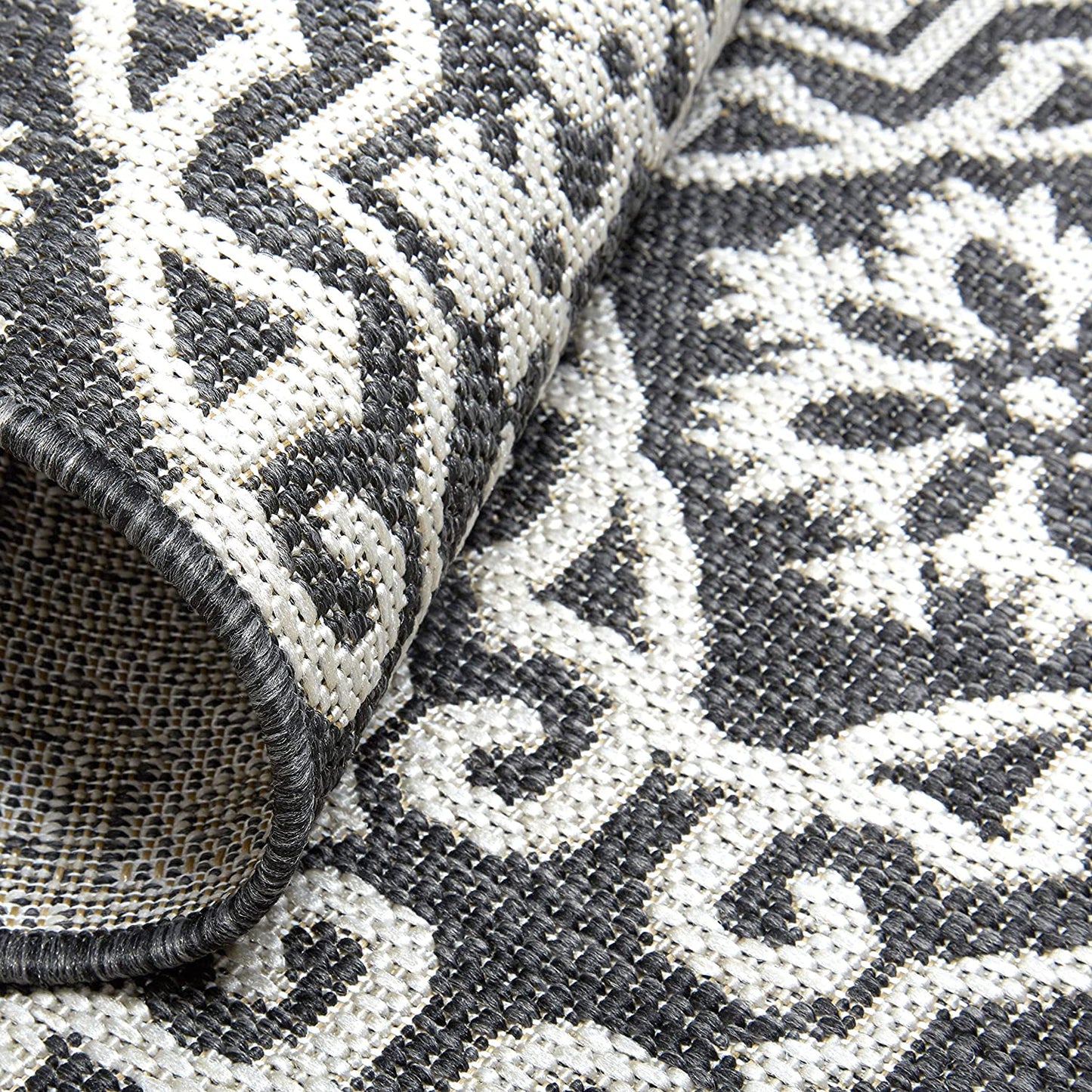 Damask Pattern Black Grey Indoor/Outdoor Area Rug - UV/Weather Resistant