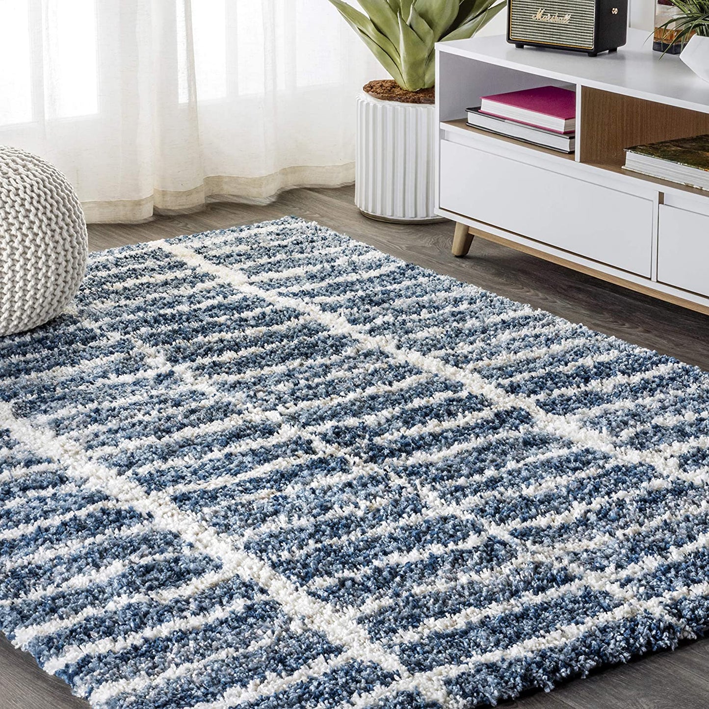 Merida Stacked Grid Shag Grey/Ivory Soft Area Rug