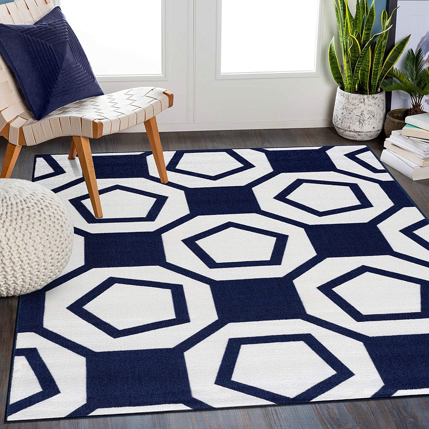 Modern Geometric Stripe Area Rug - Non Slip Navy