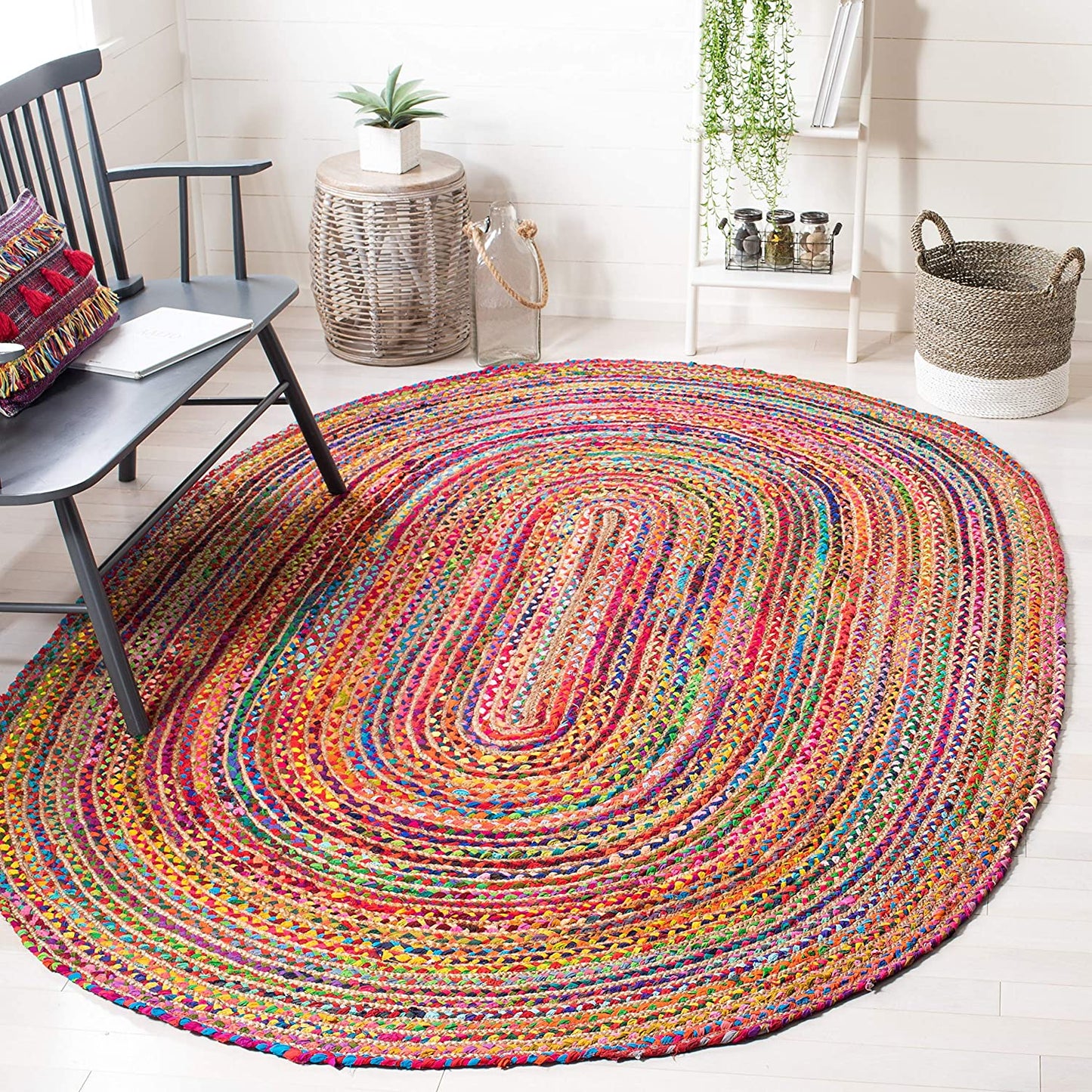 Handmade Boho Braided Jute & Cotton Area Rug, Red / Multi