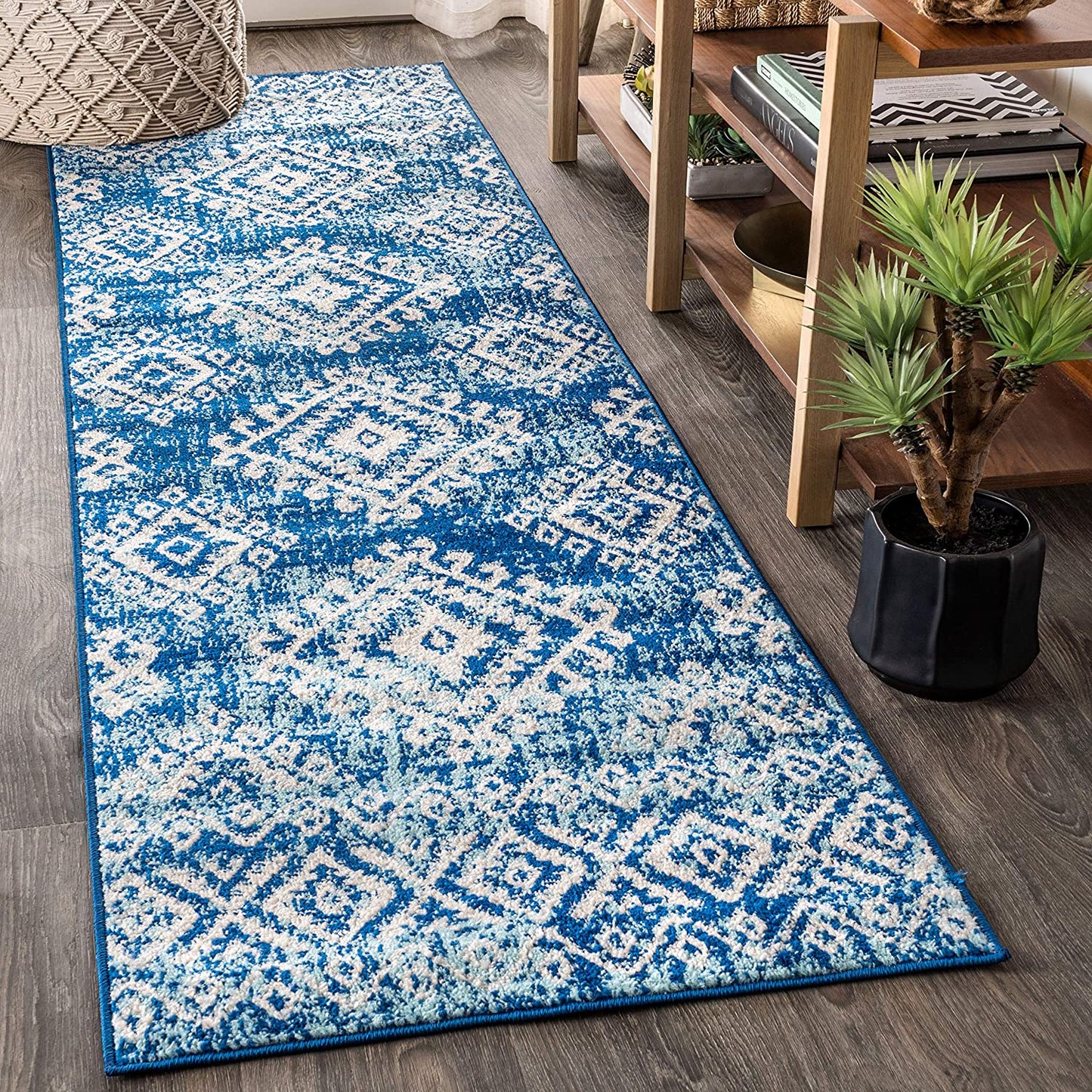 Moroccan HYPE Boho Vintage Tribal Blue/White Soft Area Rug