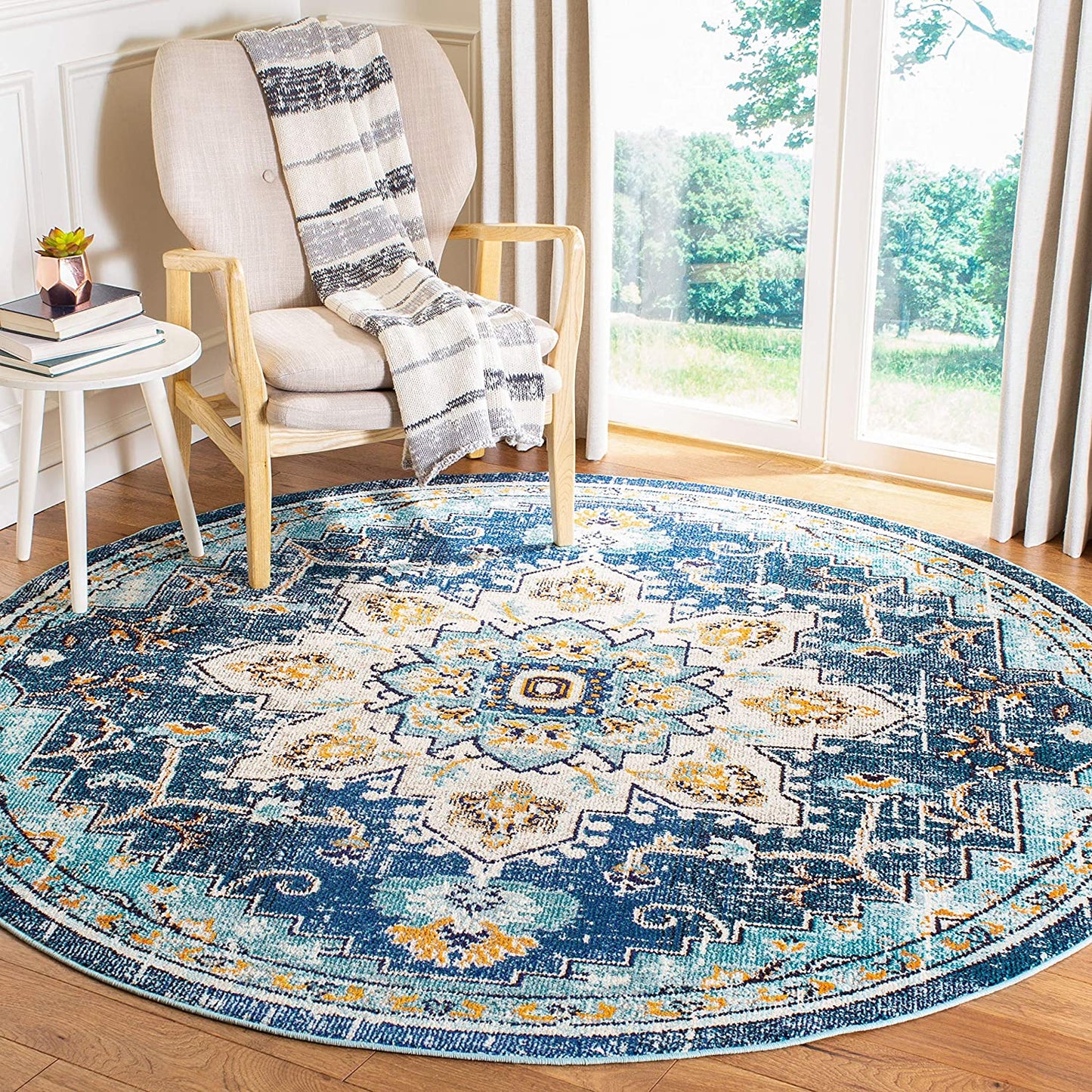 Boho Chic Medallion Distressed Soft Area Rug, Blue / Light Blue