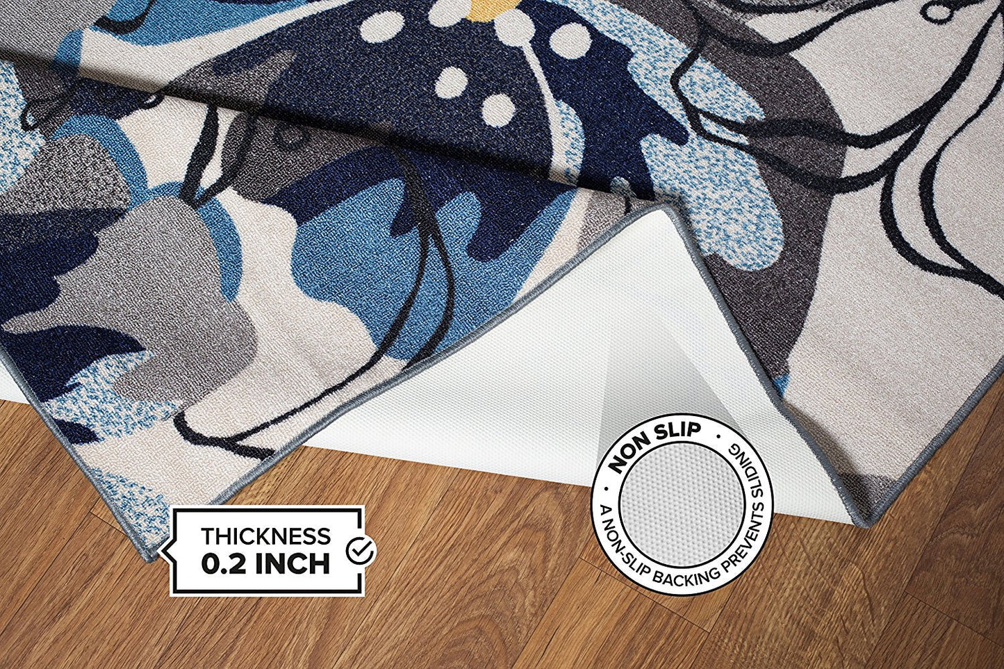 Blue Gray Ivory Floral Area Rug Non Slip/ No Skid - Low Pile