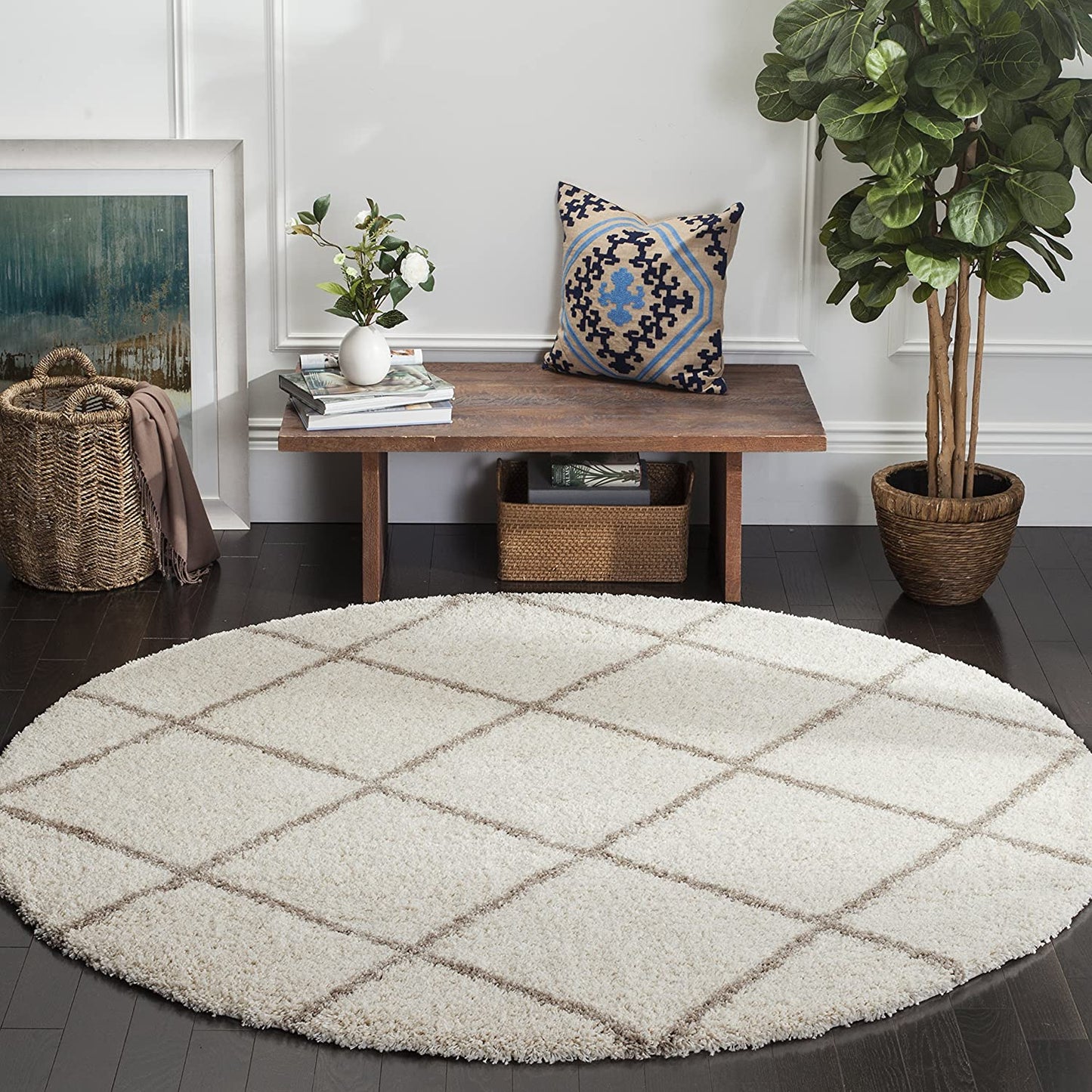Diamond Trellis Ivory/Beige Soft Plush Shag Area Rug 2-inch Thick