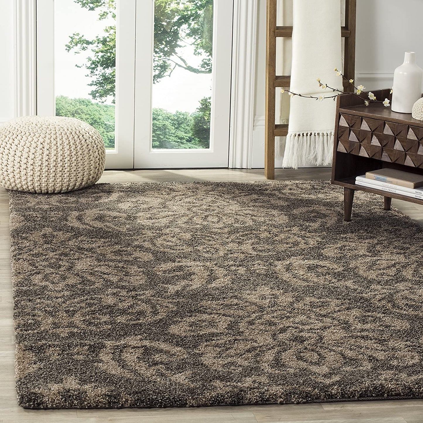 Damask Plush 1.2-inch Thick Shag Area Rug, Smoke / Beige