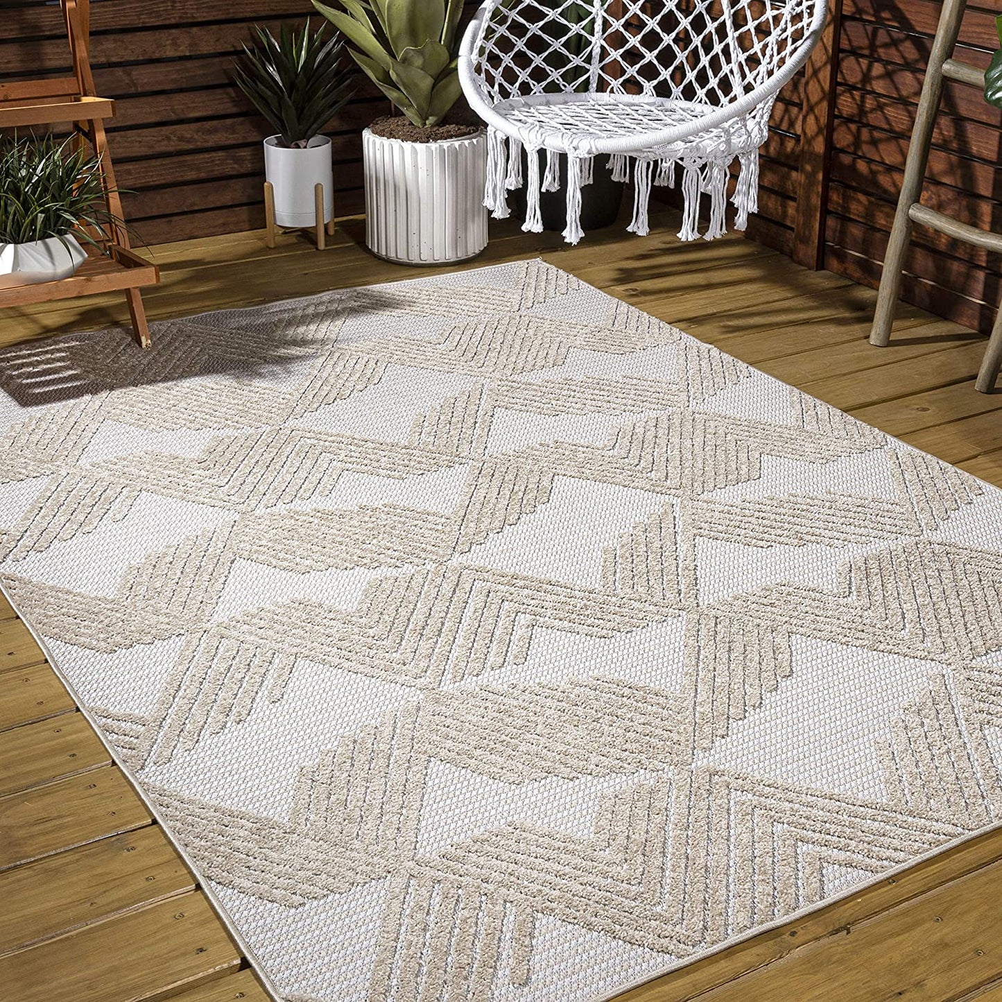 Jazz High-Low Pile Art Deco Geometric Indoor/Outdoor Beige Area Rug