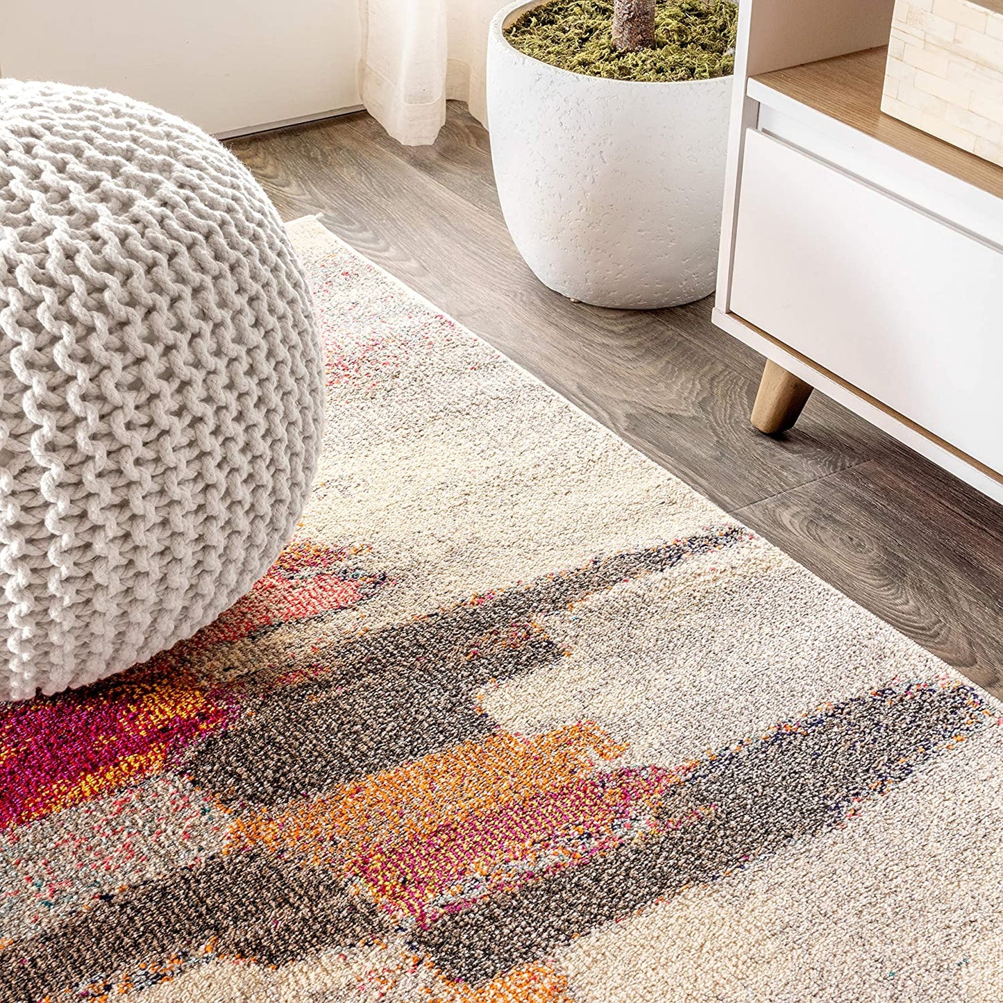 Contemporary POP Modern Abstract Brushstroke Cream/Pink Soft Area Rug