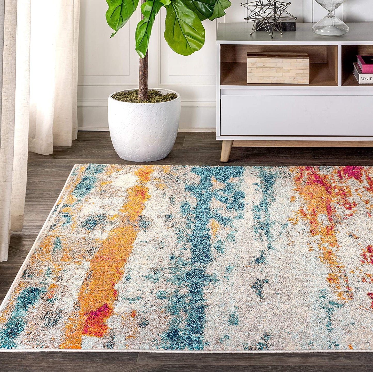 Contemporary Modern Abstract Brushstroke Cream/Blue Rug