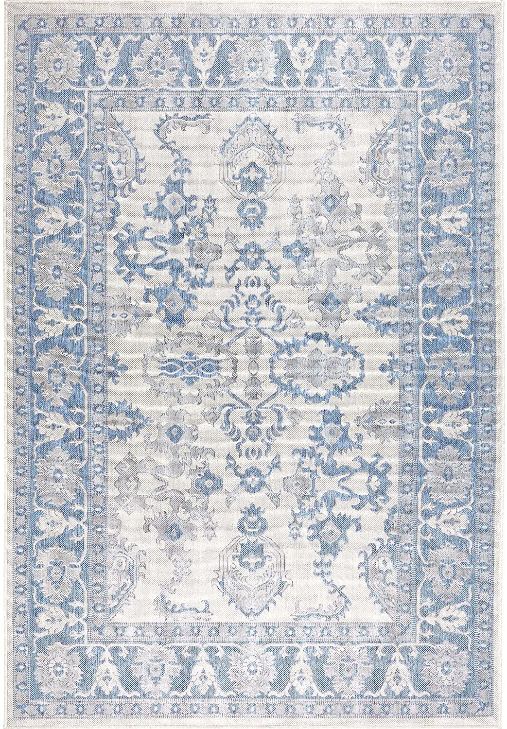 Floral Blue Grey Indoor/Outdoor Area Rug - UV/Weather Resistant