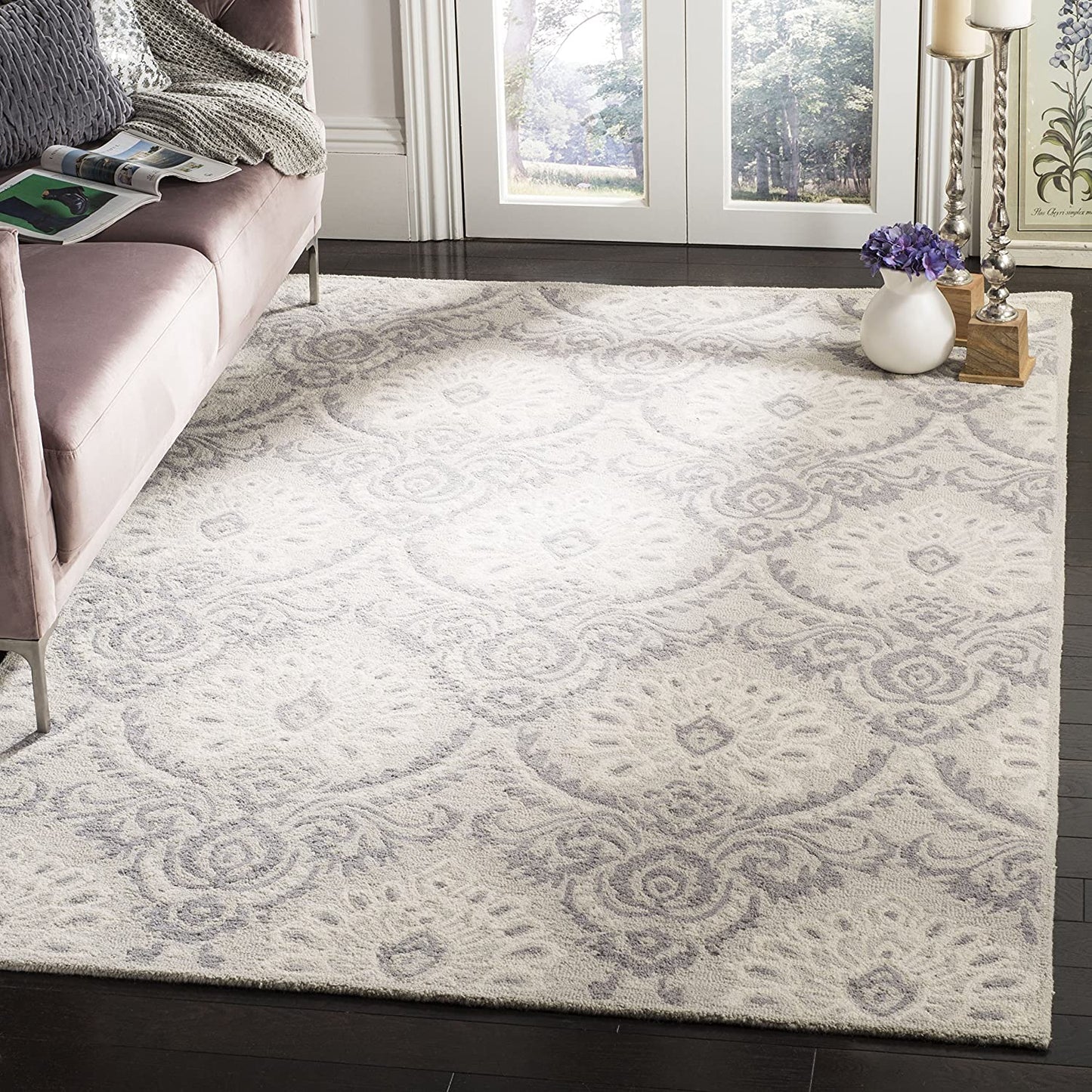 Damask Handmade Premium Wool Area Rug, Light Grey / Ivory