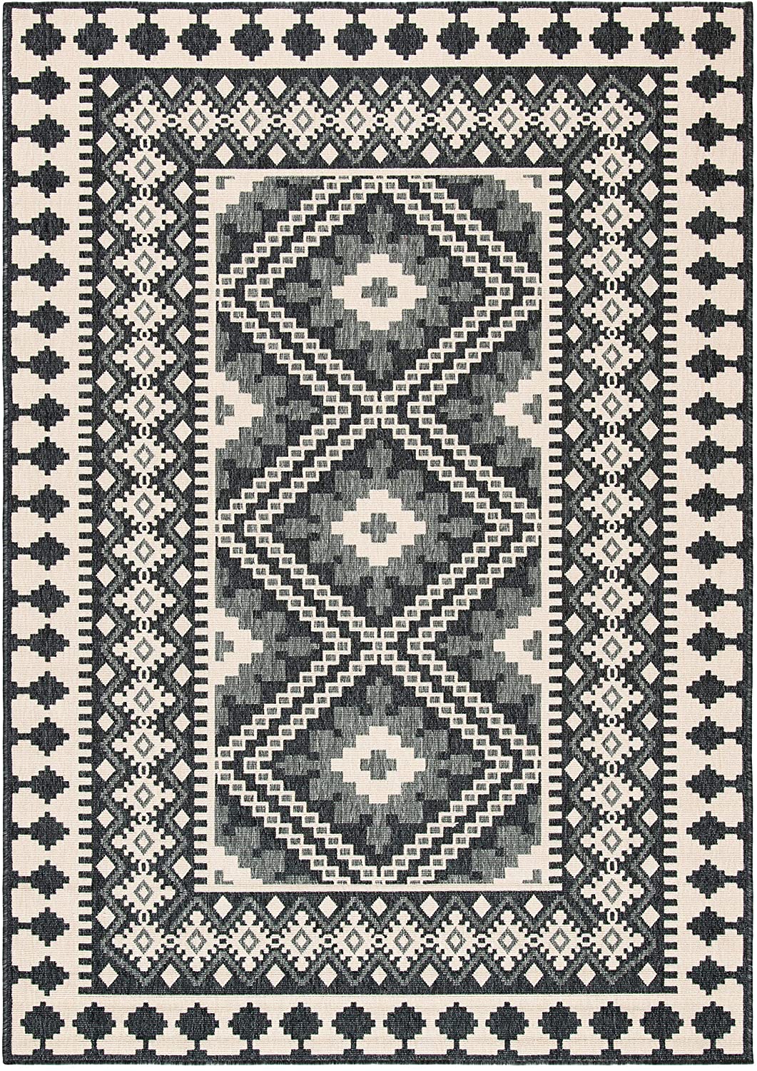 Boho Indoor/ Outdoor Patio Backyard Area Rug, Ivory / Grey