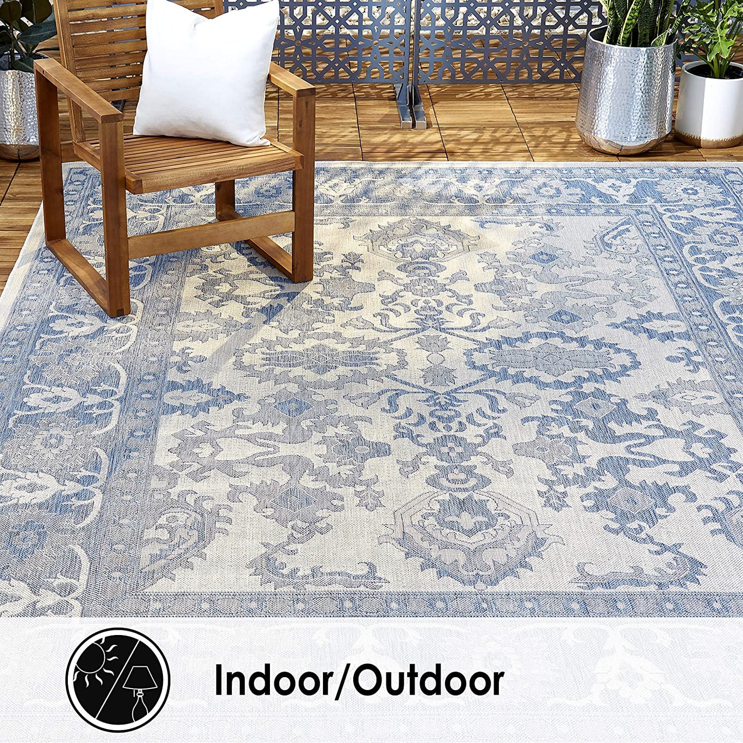 Floral Blue Grey Indoor/Outdoor Area Rug - UV/Weather Resistant