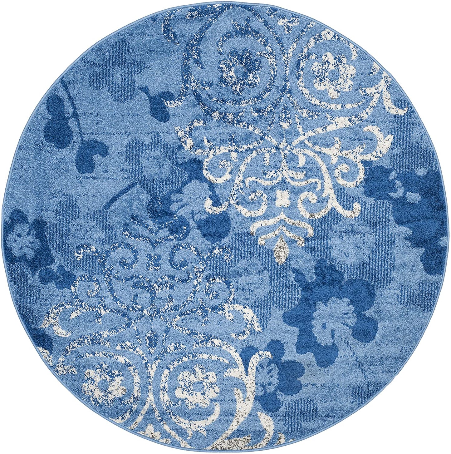 Light Blue and Dark Blue Contemporary Chic Damask Soft Area Rug